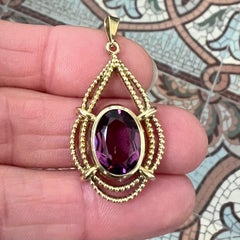 Retro 1950s Amethyst Drop Pendant in Beaded 14K Gold Frame