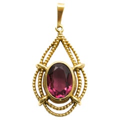 Retro 1950s Amethyst Drop Pendant in Beaded 14K Gold Frame