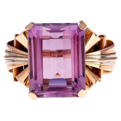 Retro 1950s Amethyst Ring White and Rose Gold 14 Karat