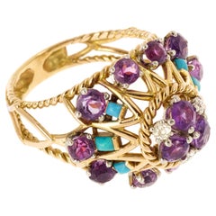 Retro 1950s Amethyst, Turquoise Diamonds 18 Karat Yellow Gold Dome Ring