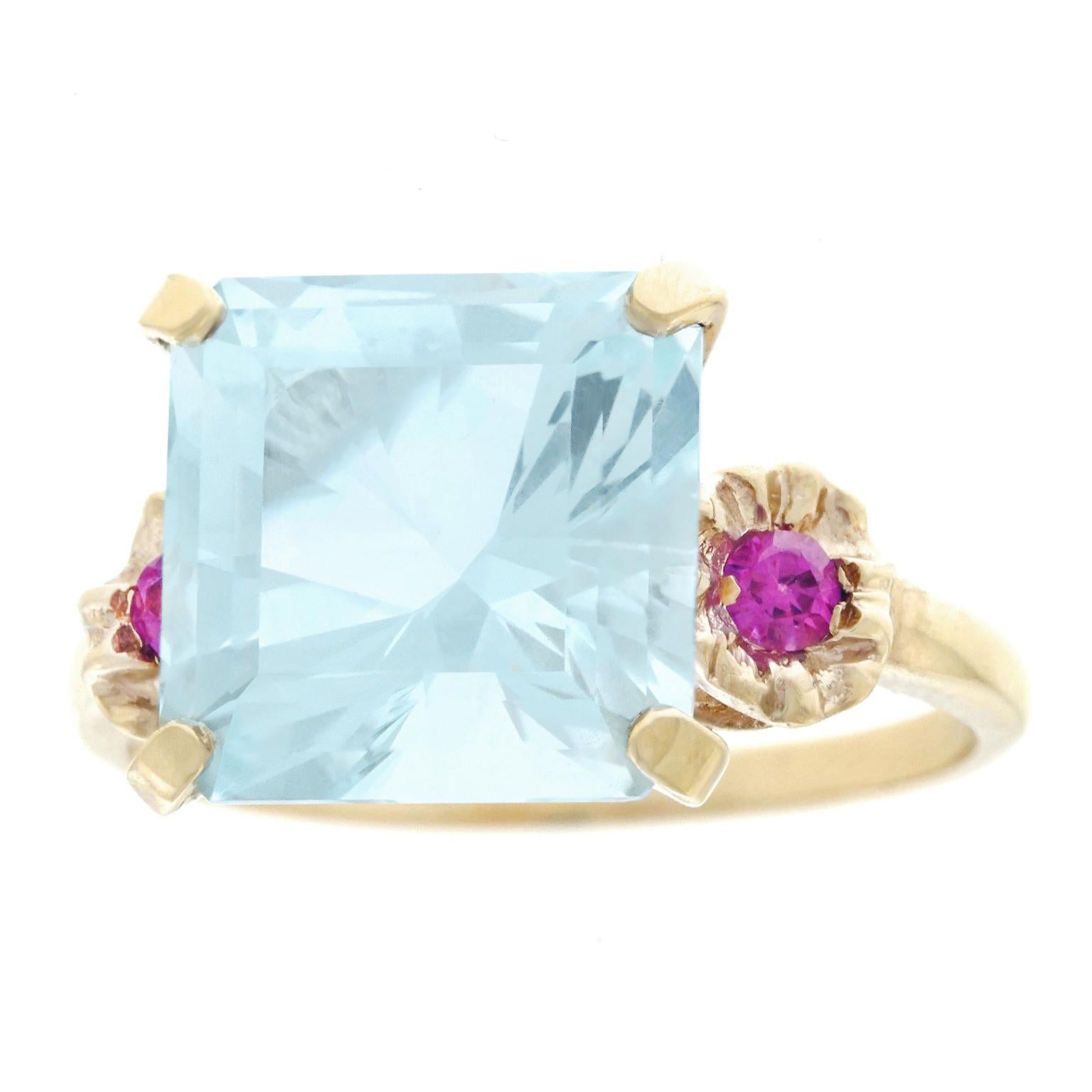 Retro 1950s Aquamarine and Ruby Set Gold Ring In Excellent Condition In Litchfield, CT