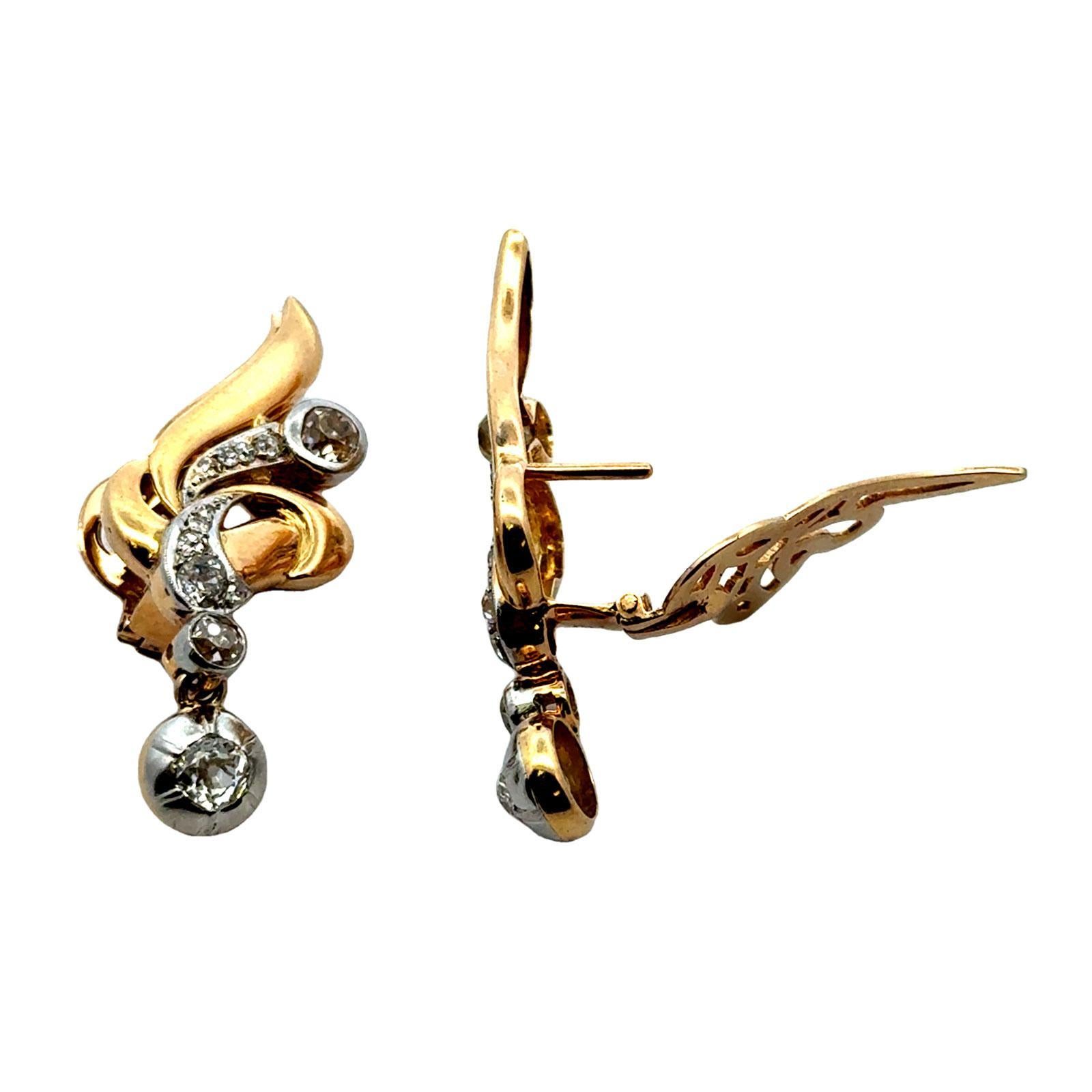 Taglio antico europeo Orecchini retrò con diamante degli anni '50 in oro giallo 18 carati, con pendente a leva in vendita