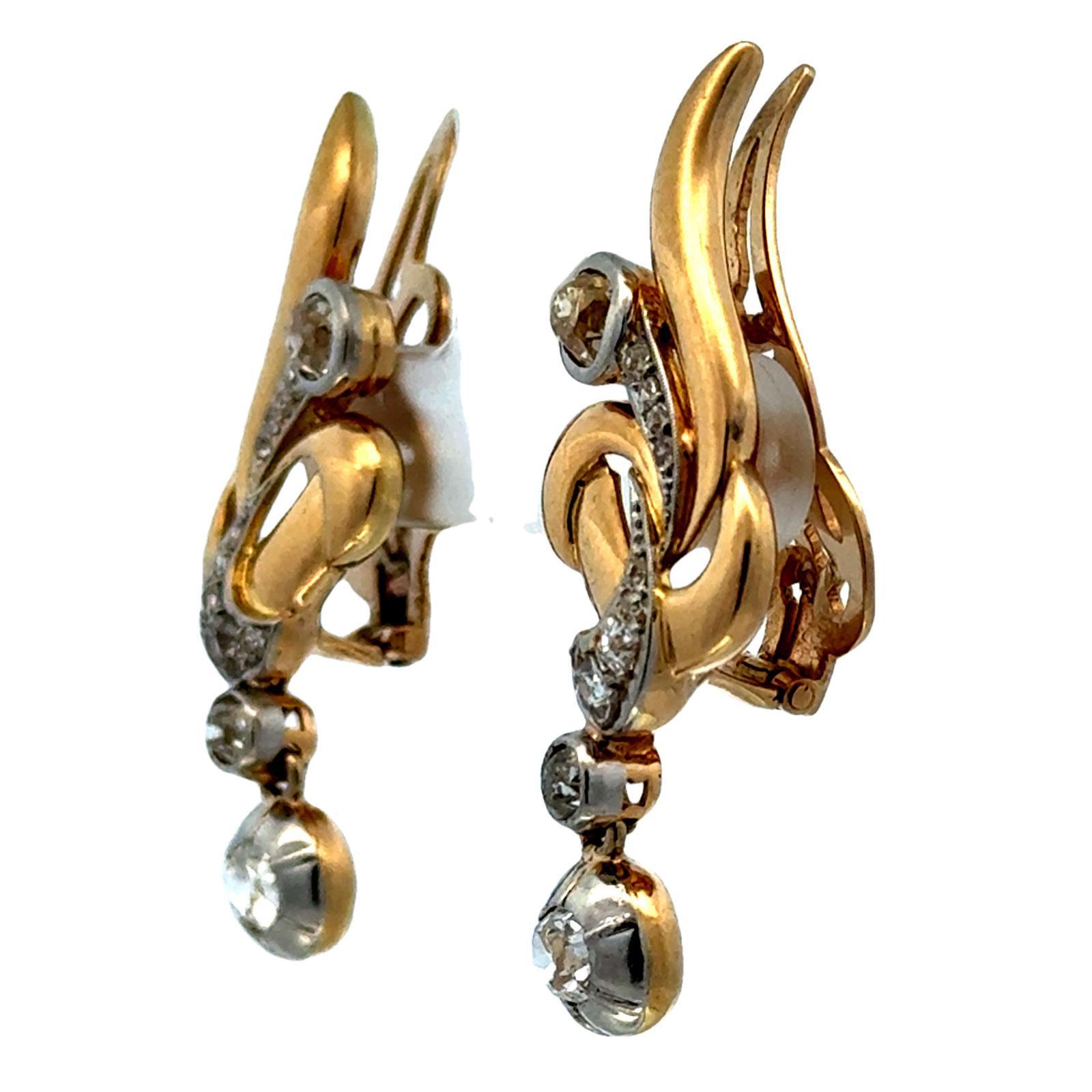 Orecchini retrò con diamante degli anni '50 in oro giallo 18 carati, con pendente a leva In condizioni ottime in vendita a Boca Raton, FL