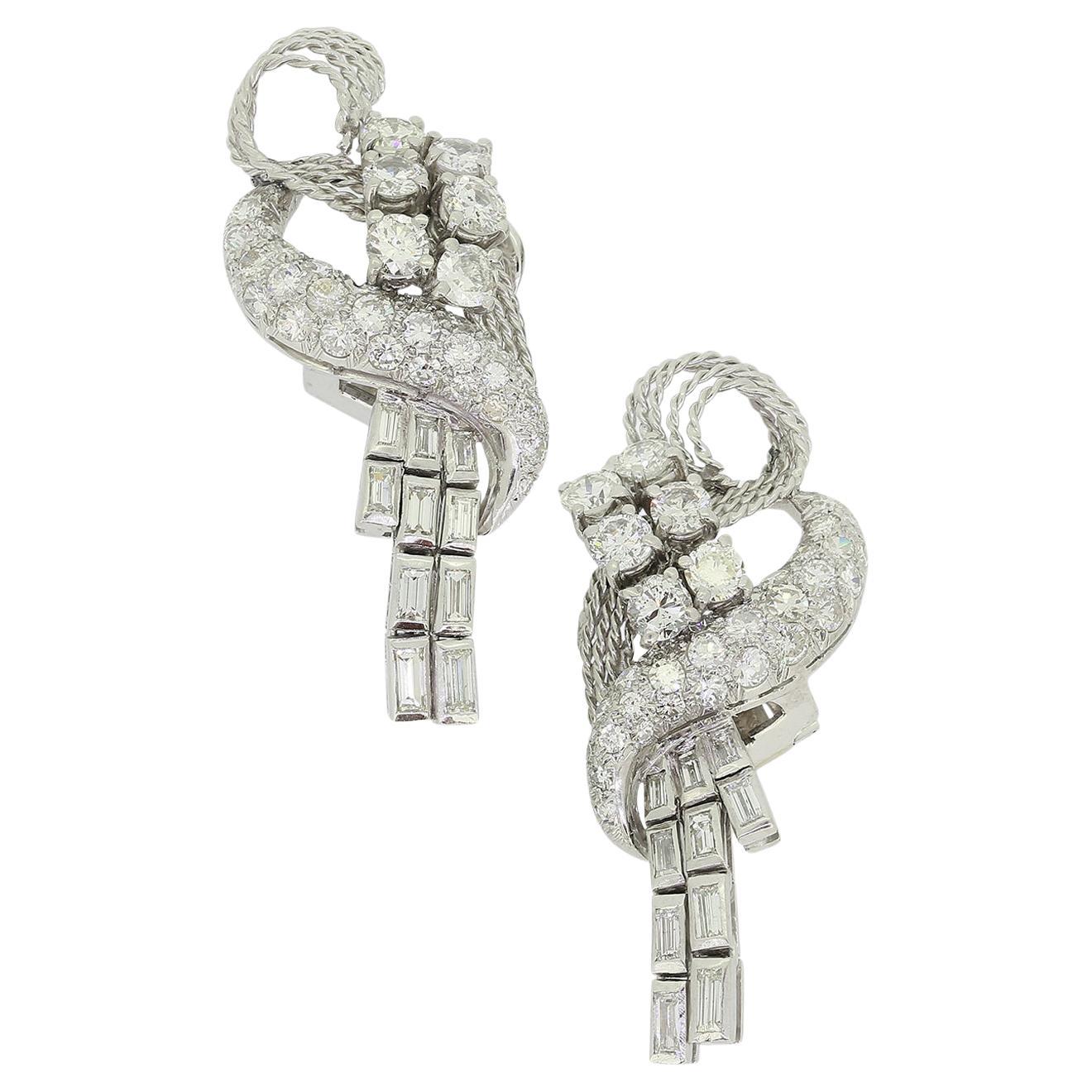 Retro 1950s Diamond Cluster Drop Earrings