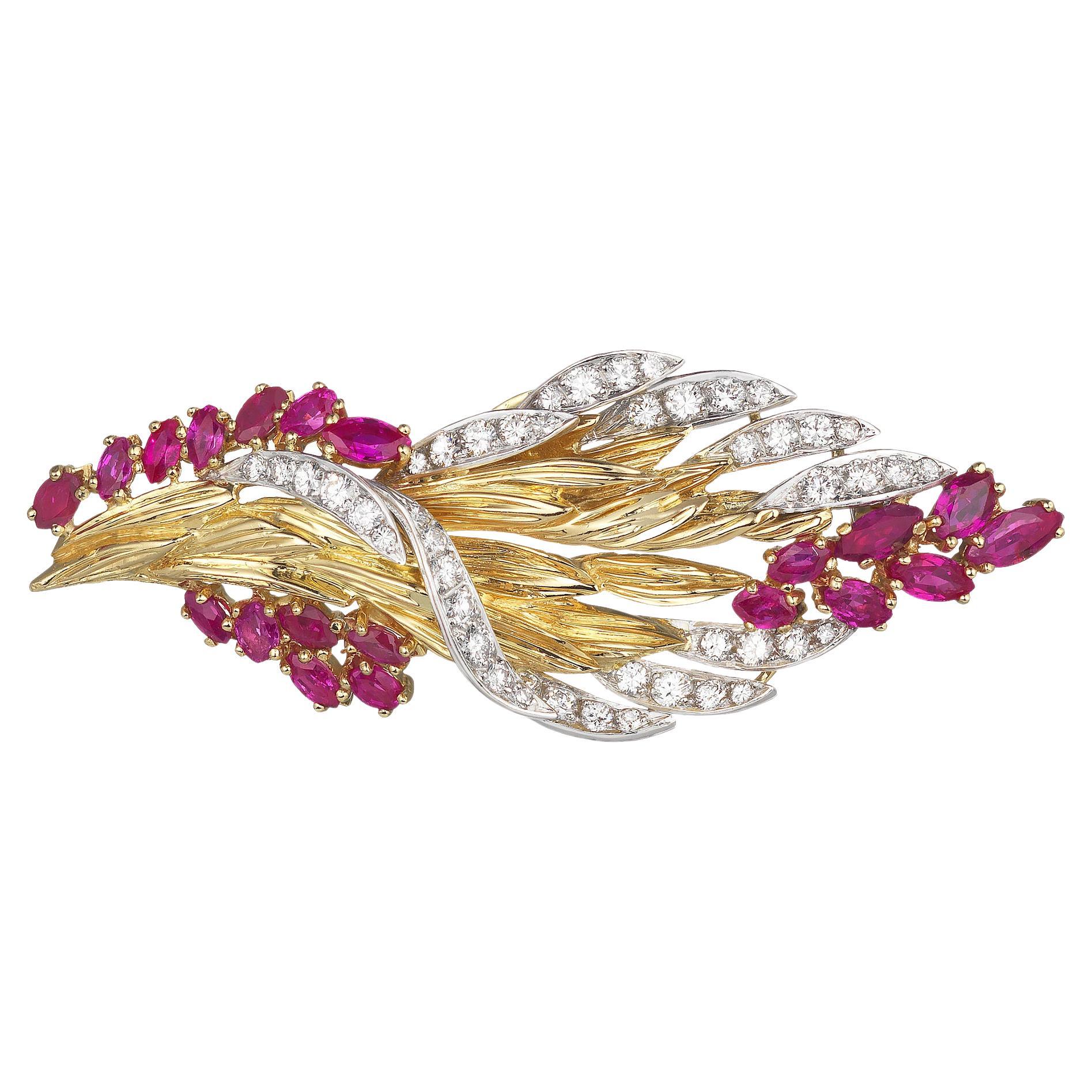Retro 1950s Diamond Ruby Large Bouquet Brooch in 18K Gold & Platinum For Sale