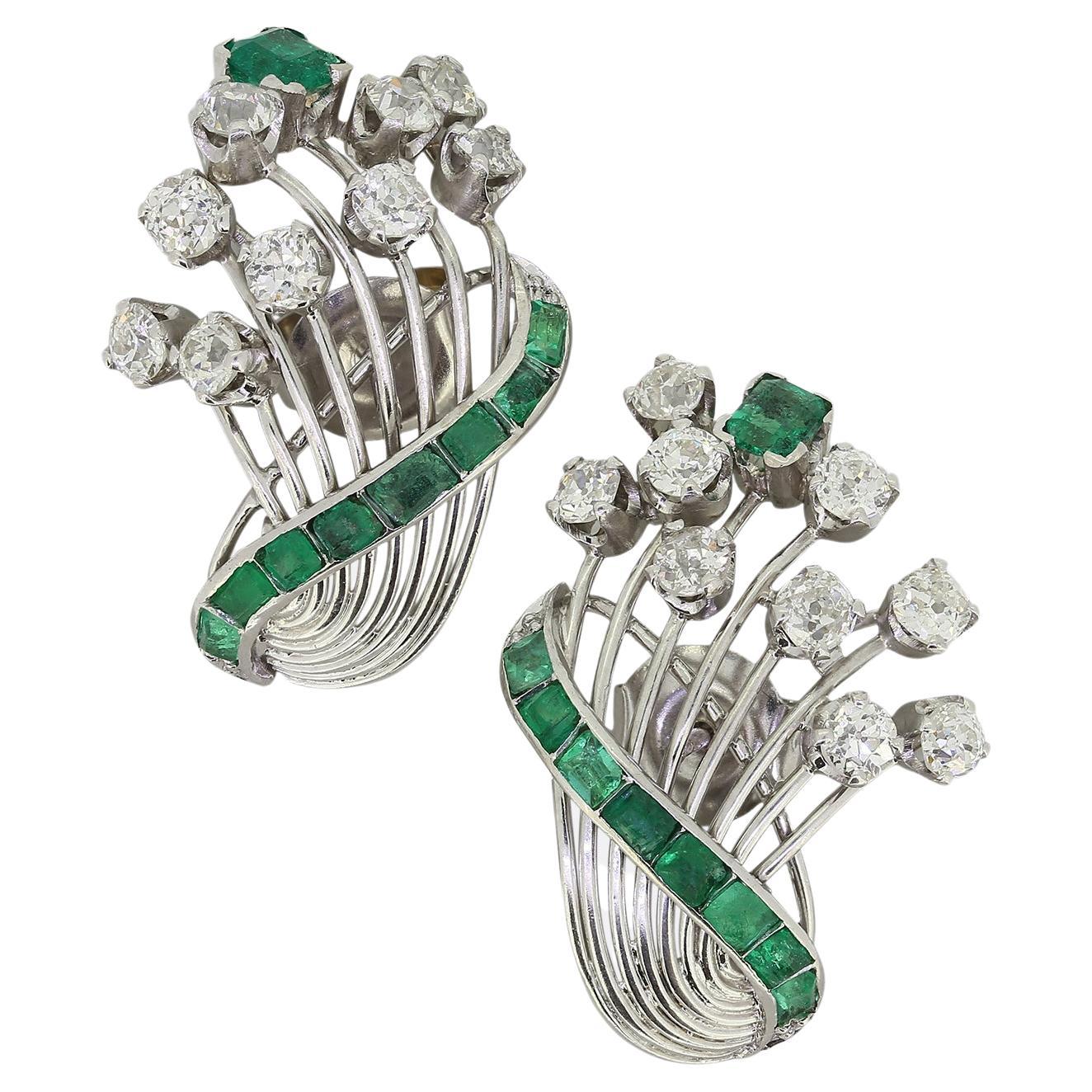Retro 1950s Emerald and Diamond Earrings For Sale