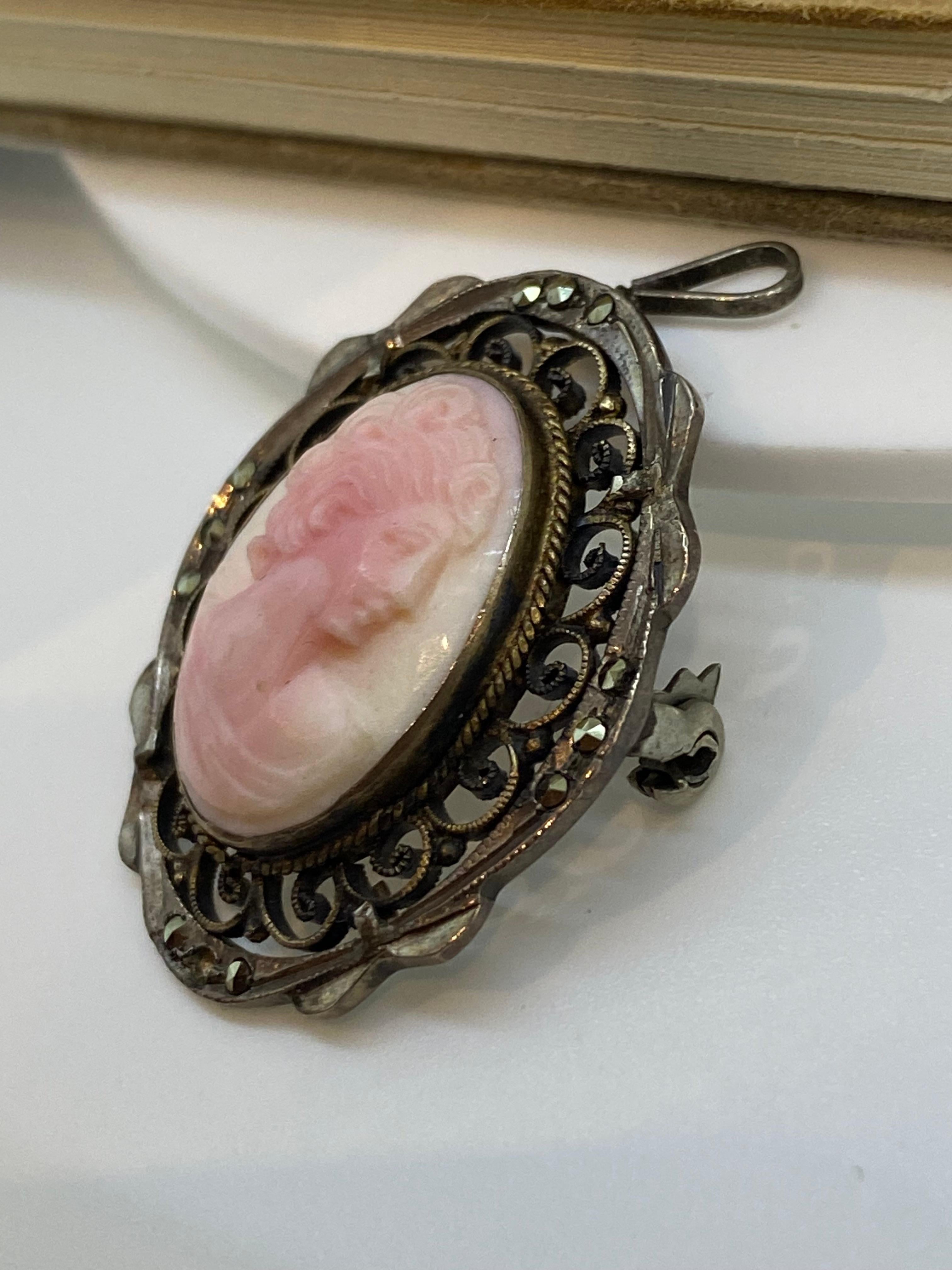 Retro 1950's Finely Carved Pinkish White Coral Silver Cameo Brooch / Pendant In Excellent Condition For Sale In MELBOURNE, AU