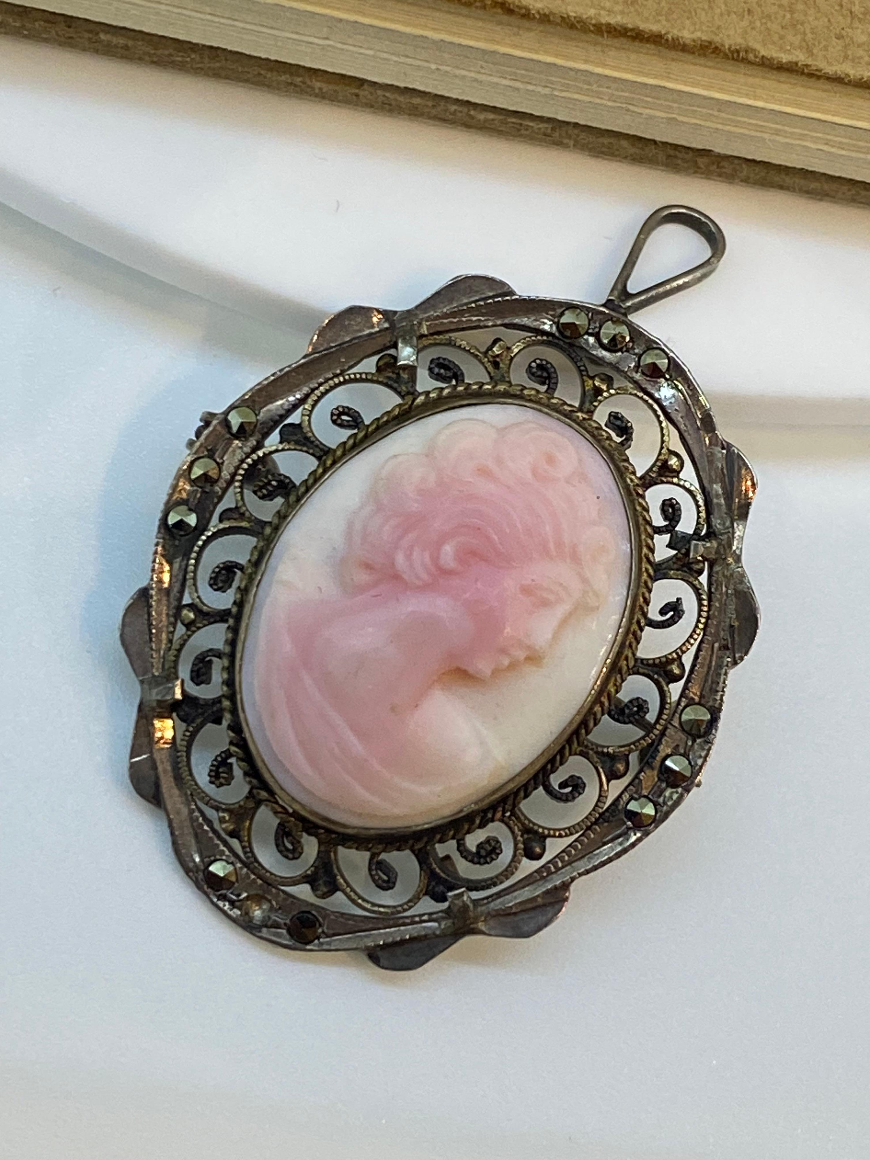 Women's Retro 1950's Finely Carved Pinkish White Coral Silver Cameo Brooch / Pendant For Sale
