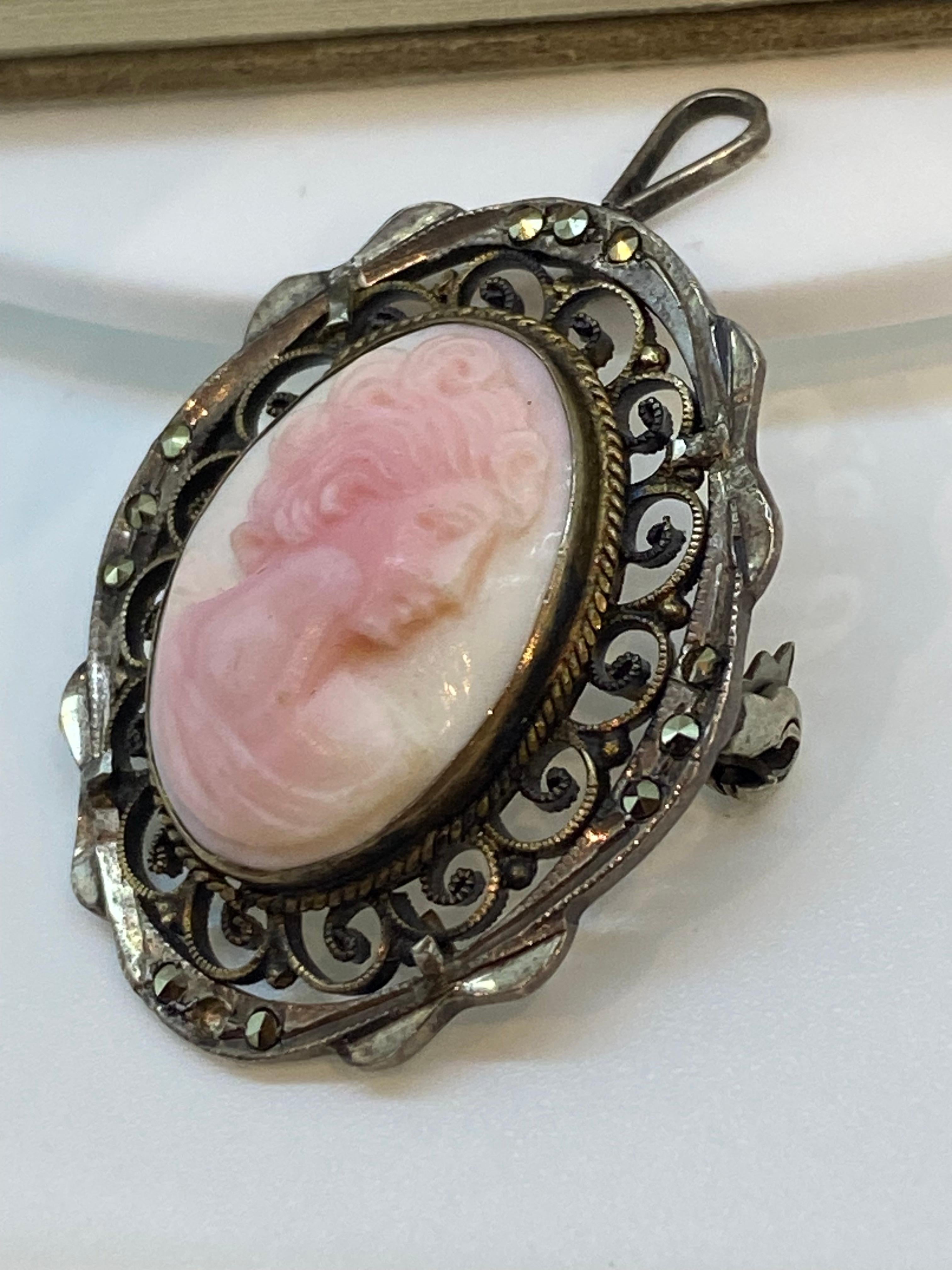 Retro 1950's Finely Carved Pinkish White Coral Silver Cameo Brooch / Pendant For Sale 1