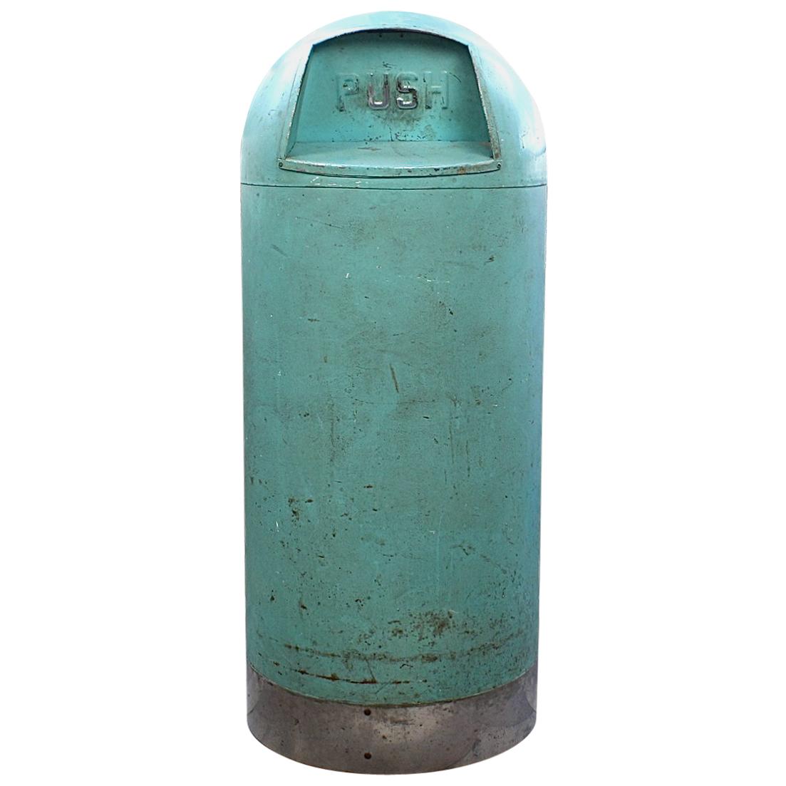 Retro 1950s MCM Industrial Turquoise Green Painted Bullet Form Steel Trash Can