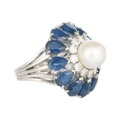 Retro 1950s Pearl Sapphires Diamonds 18 Karat White Gold Dome Ring