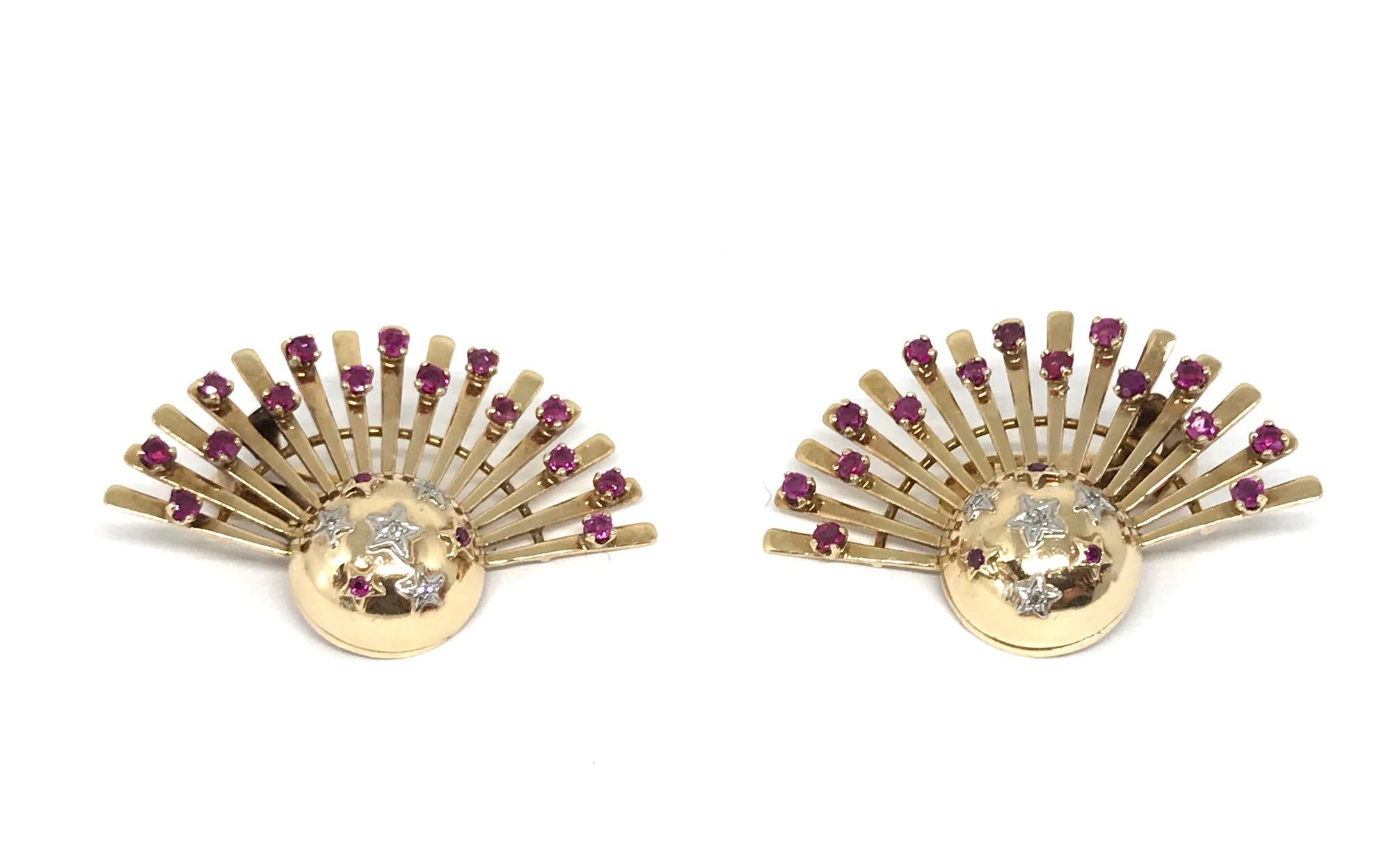 Single Cut Retro 1950s Yellow Gold Ruby Diamond Earrings Pin Set