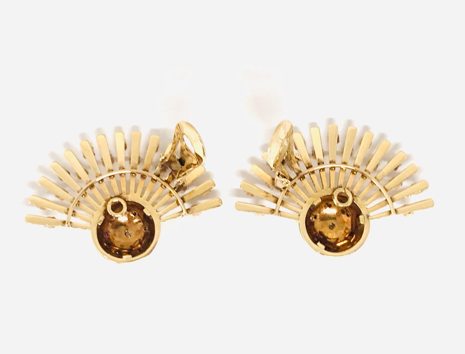 Retro 1950s Yellow Gold Ruby Diamond Earrings Pin Set 2