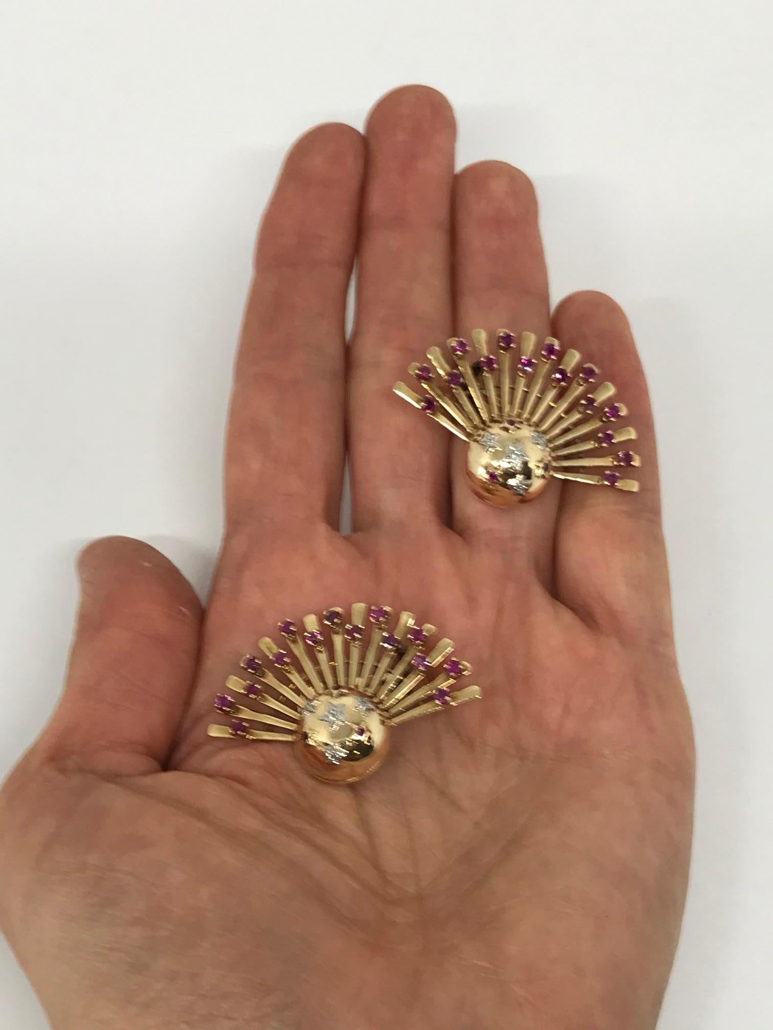 Retro 1950s Yellow Gold Ruby Diamond Earrings Pin Set 4