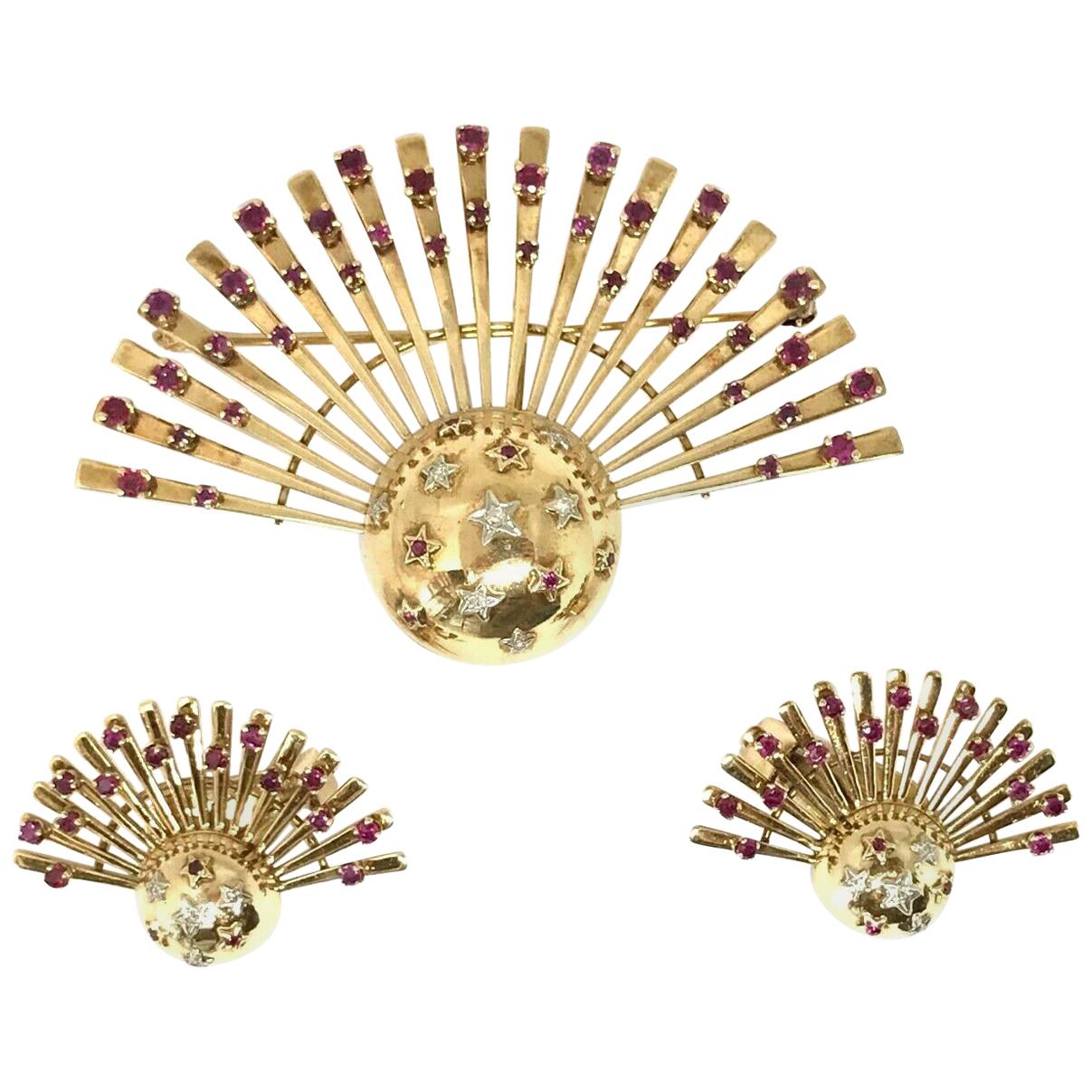 Retro 1950s Yellow Gold Ruby Diamond Earrings Pin Set