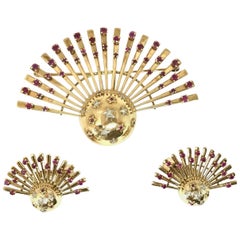Retro 1950s Yellow Gold Ruby Diamond Earrings Pin Set