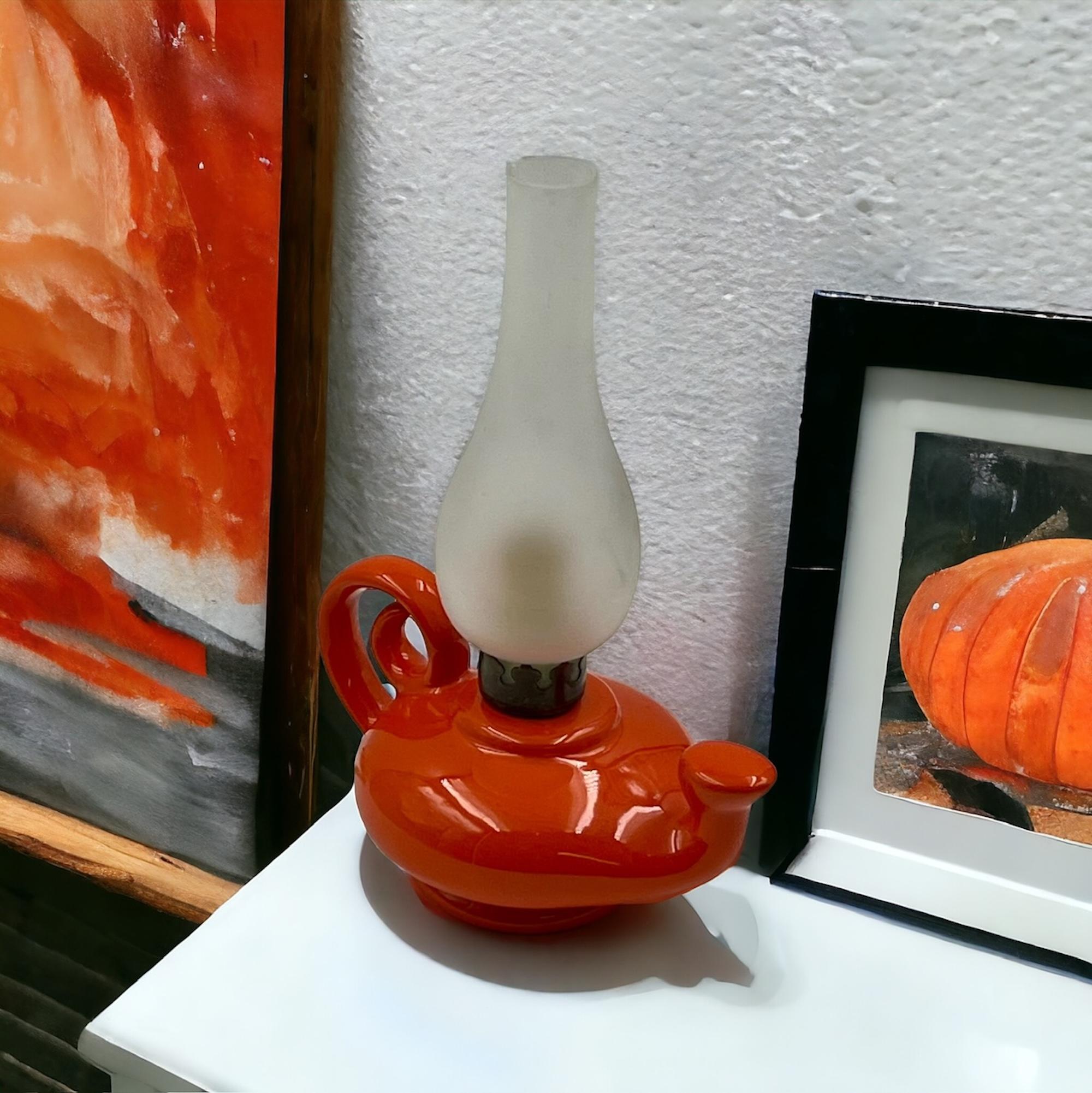 Retro 1960s 'Aladdin' Lamp - Vintage Italian Orange Ceramic and Glazed Glass For Sale 5