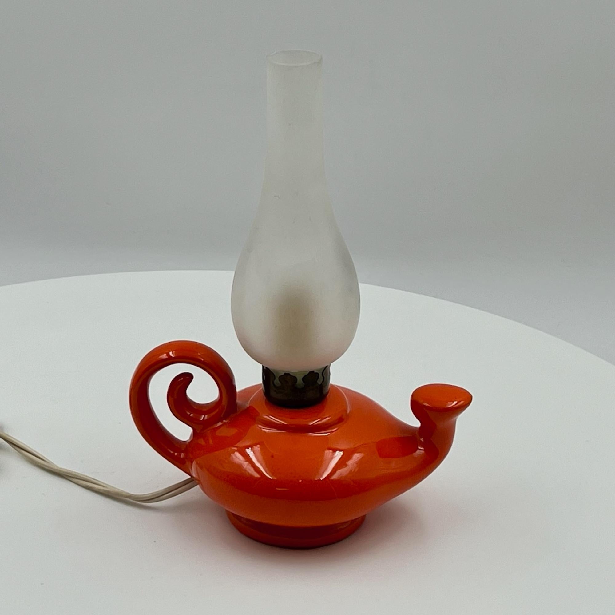 Mid-20th Century Retro 1960s 'Aladdin' Lamp - Vintage Italian Orange Ceramic and Glazed Glass For Sale