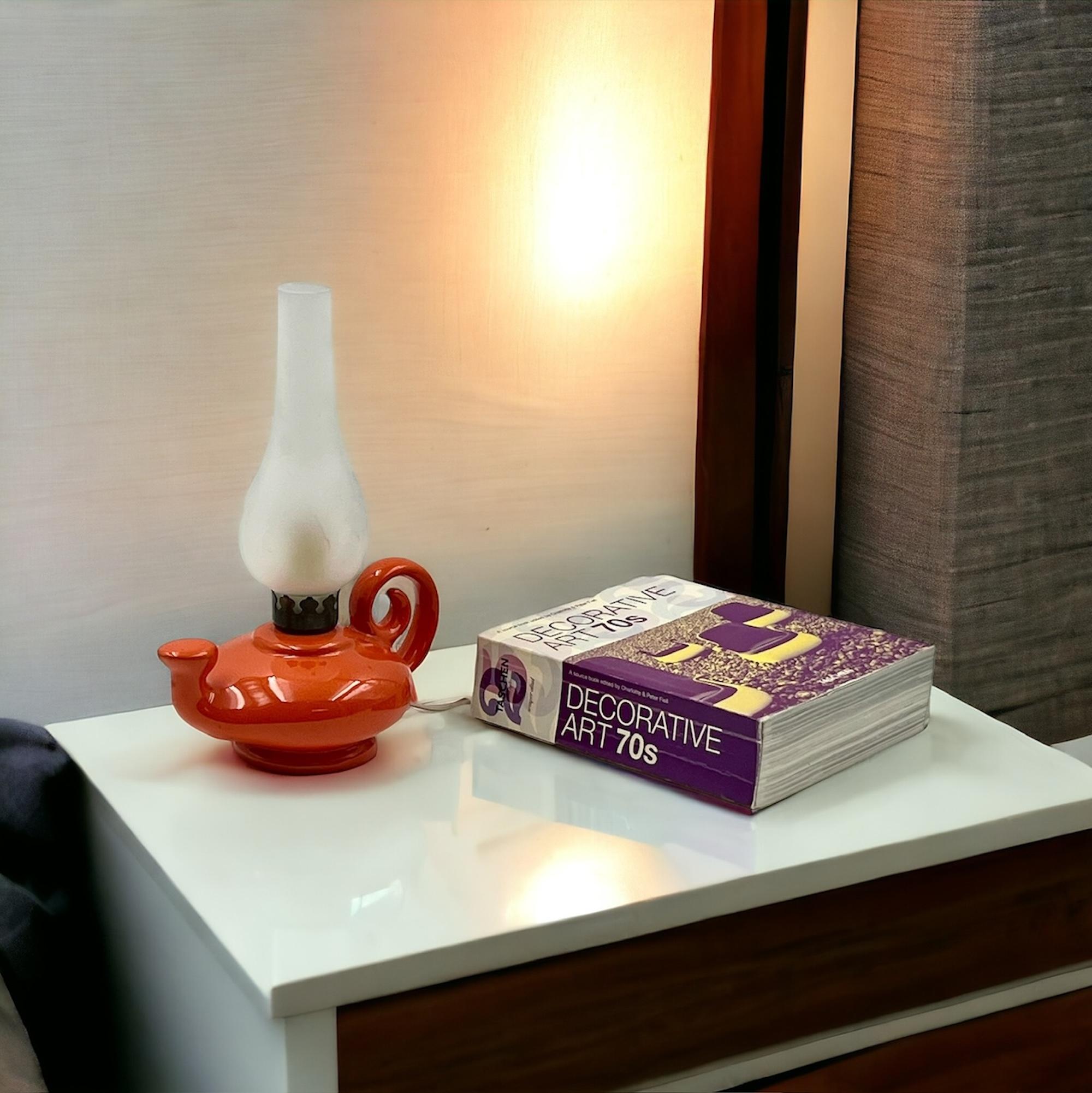 Metal Retro 1960s 'Aladdin' Lamp - Vintage Italian Orange Ceramic and Glazed Glass For Sale