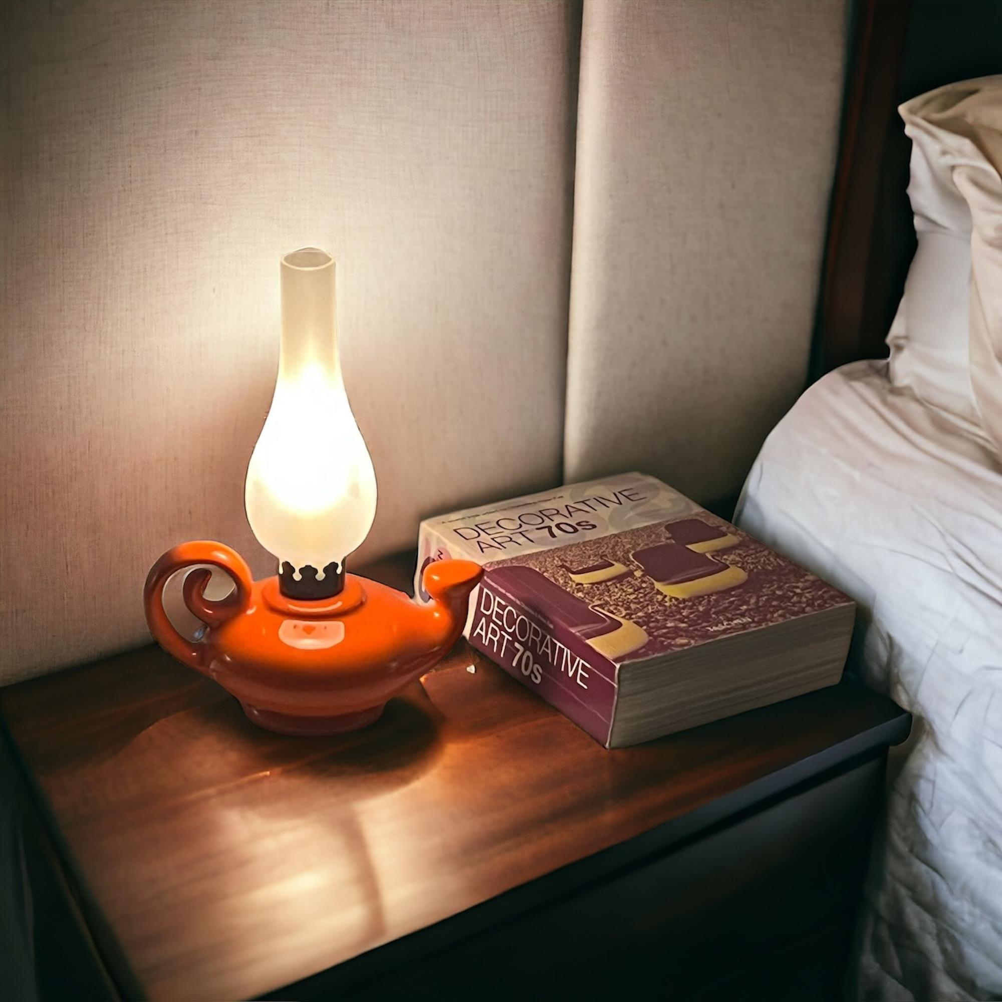 Retro 1960s 'Aladdin' Lamp - Vintage Italian Orange Ceramic and Glazed Glass For Sale 1