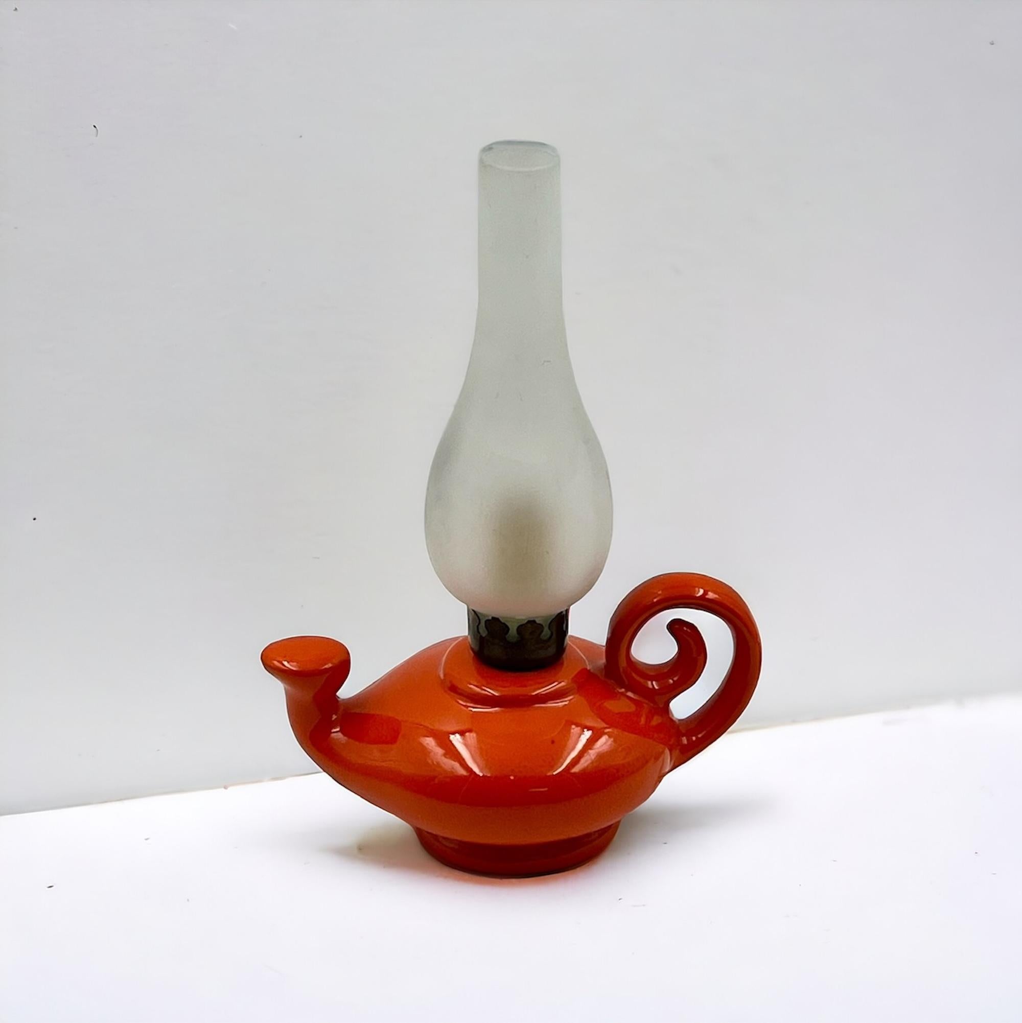 Retro 1960s 'Aladdin' Lamp - Vintage Italian Orange Ceramic and Glazed Glass For Sale 2