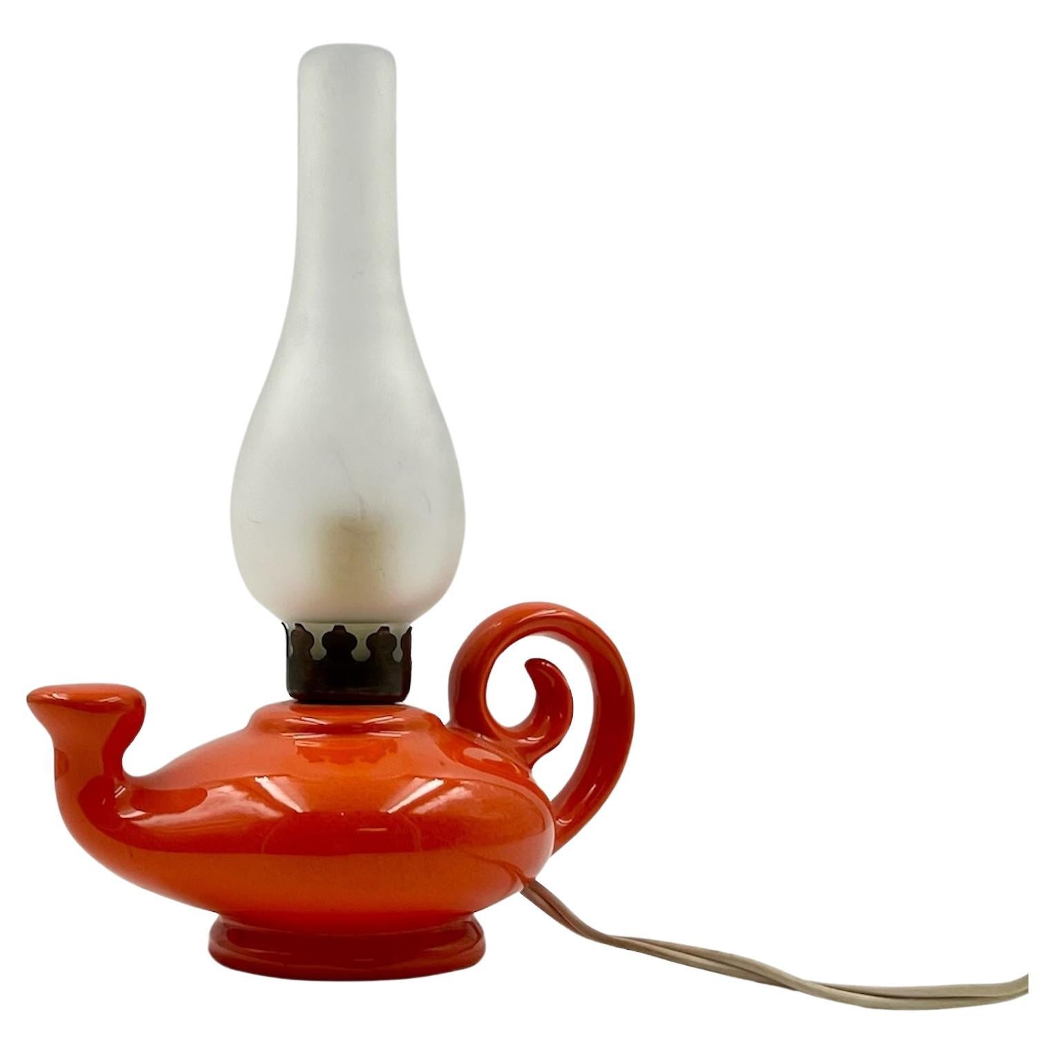 Retro 1960s 'Aladdin' Lamp - Vintage Italian Orange Ceramic and Glazed Glass For Sale