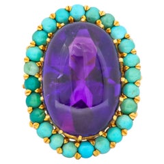 Vintage 1960s Amethyst Turquoise 18 Karat Gold Cluster Cocktail Ring