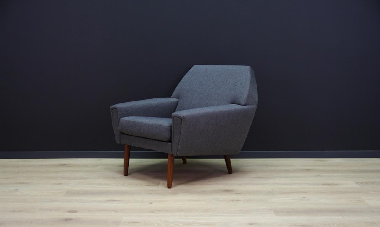 Unique armchair from the 1960s-1970s, a beautiful Minimalist form, Scandinavian design. The armchair is covered with new upholstery. Color: Graphite. Preserved in good condition, directly for use.

Dimensions: Height 77 cm, height of the armrests