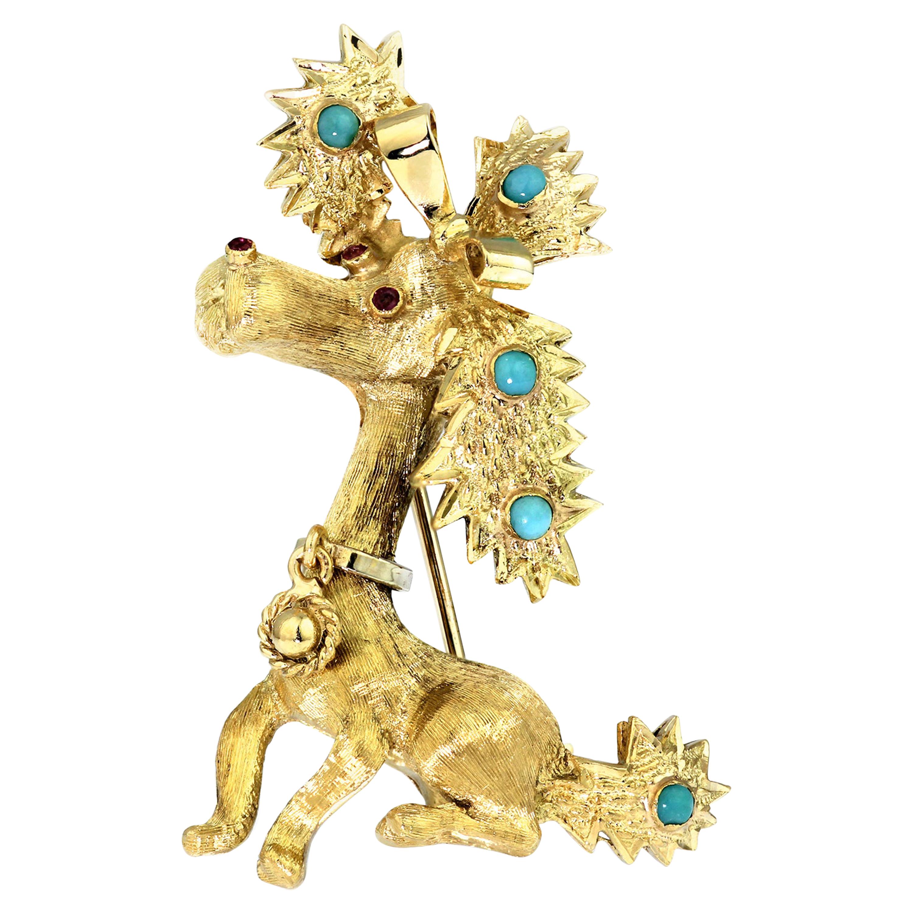 Retro 1960s Stylized 3D Poodle /Puppy /Dog Pin / Brooch in 18 K Gold & Turquoise