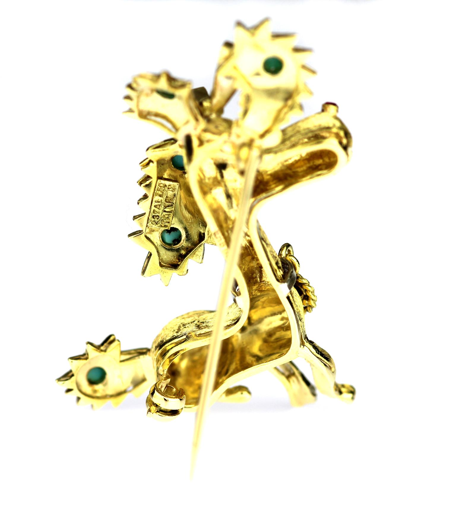 Retro 1960s Stylized 3D Poodle /Puppy /Dog Pin / Brooch in 18 K Gold & Turquoise In Excellent Condition In London, GB