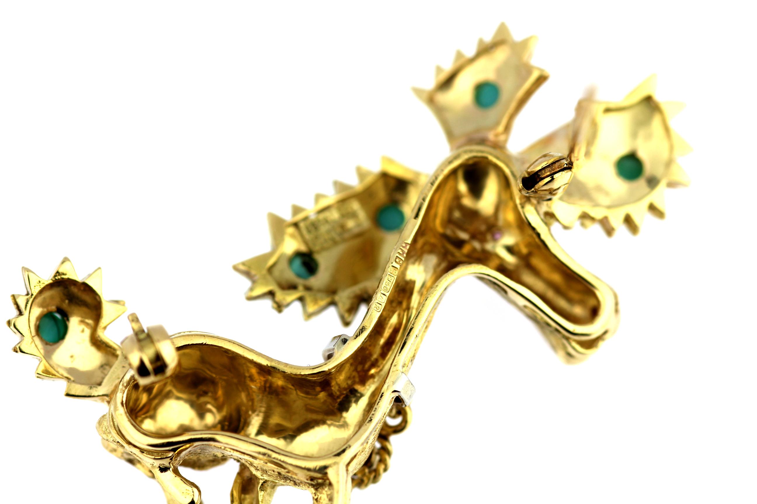 Women's Retro 1960s Stylized 3D Poodle /Puppy /Dog Pin / Brooch in 18 K Gold & Turquoise