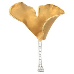 Retro 1960s Tiffany 18K Yellow Gold + Platinum Ginkgo Leaf Pin 