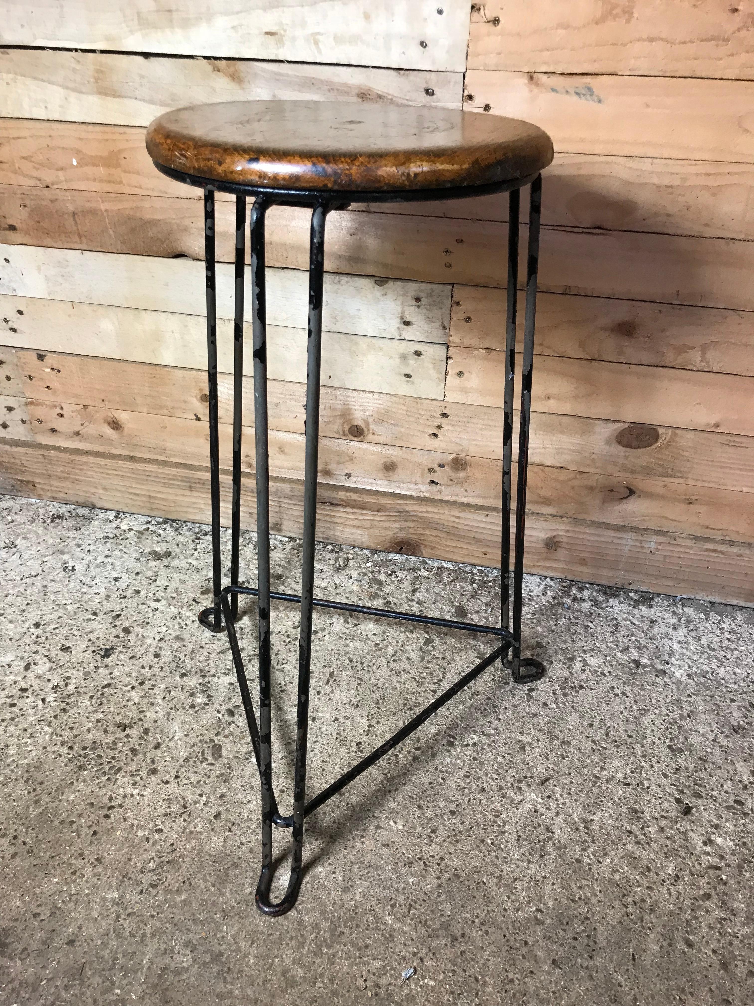 Dutch Retro 1960s Wooden Seat with Metal Frame Tomado Stool, Brown Seat For Sale