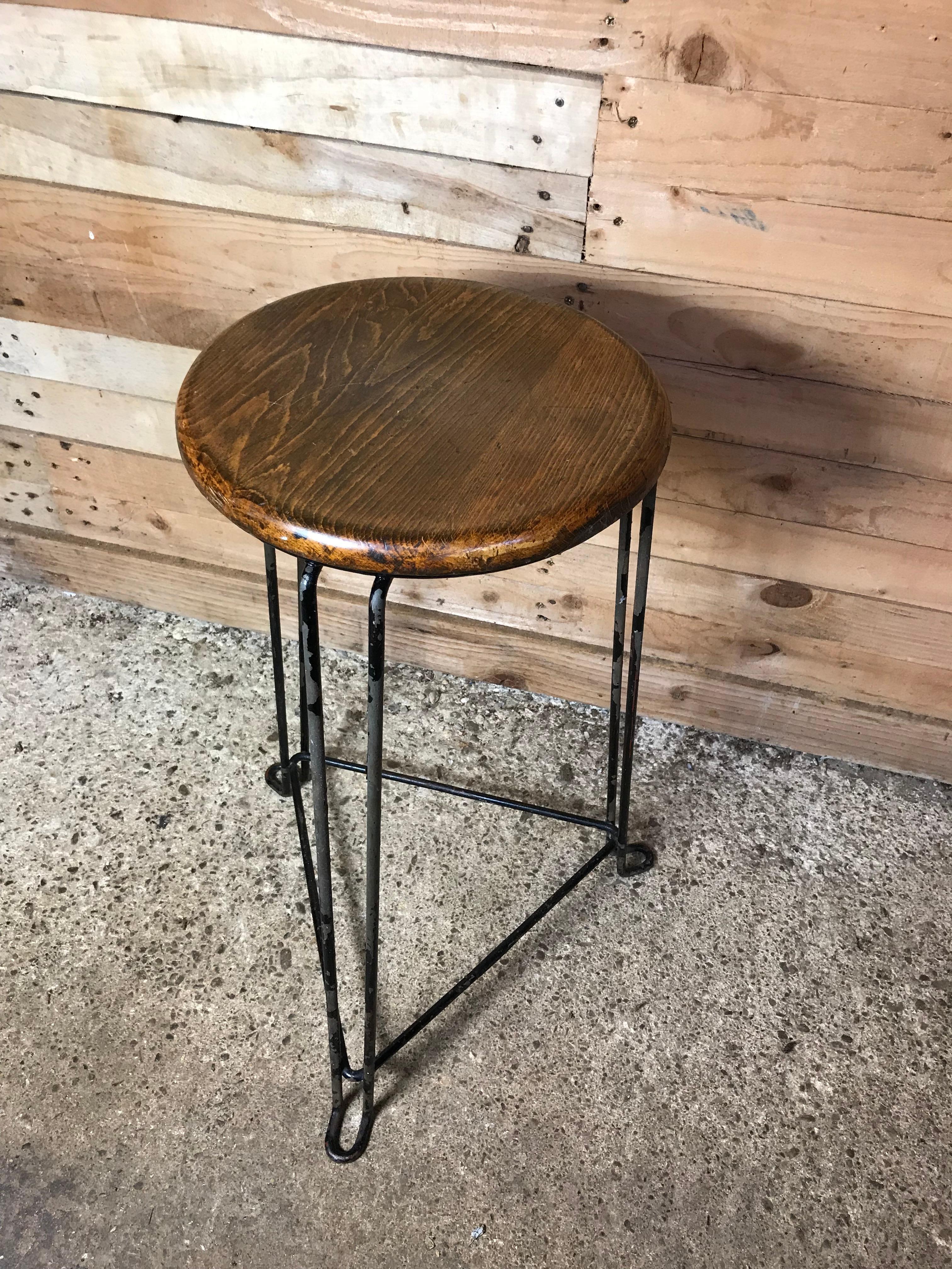 Retro 1960s Wooden Seat with Metal Frame Tomado Stool, Brown Seat In Good Condition For Sale In Markington, GB