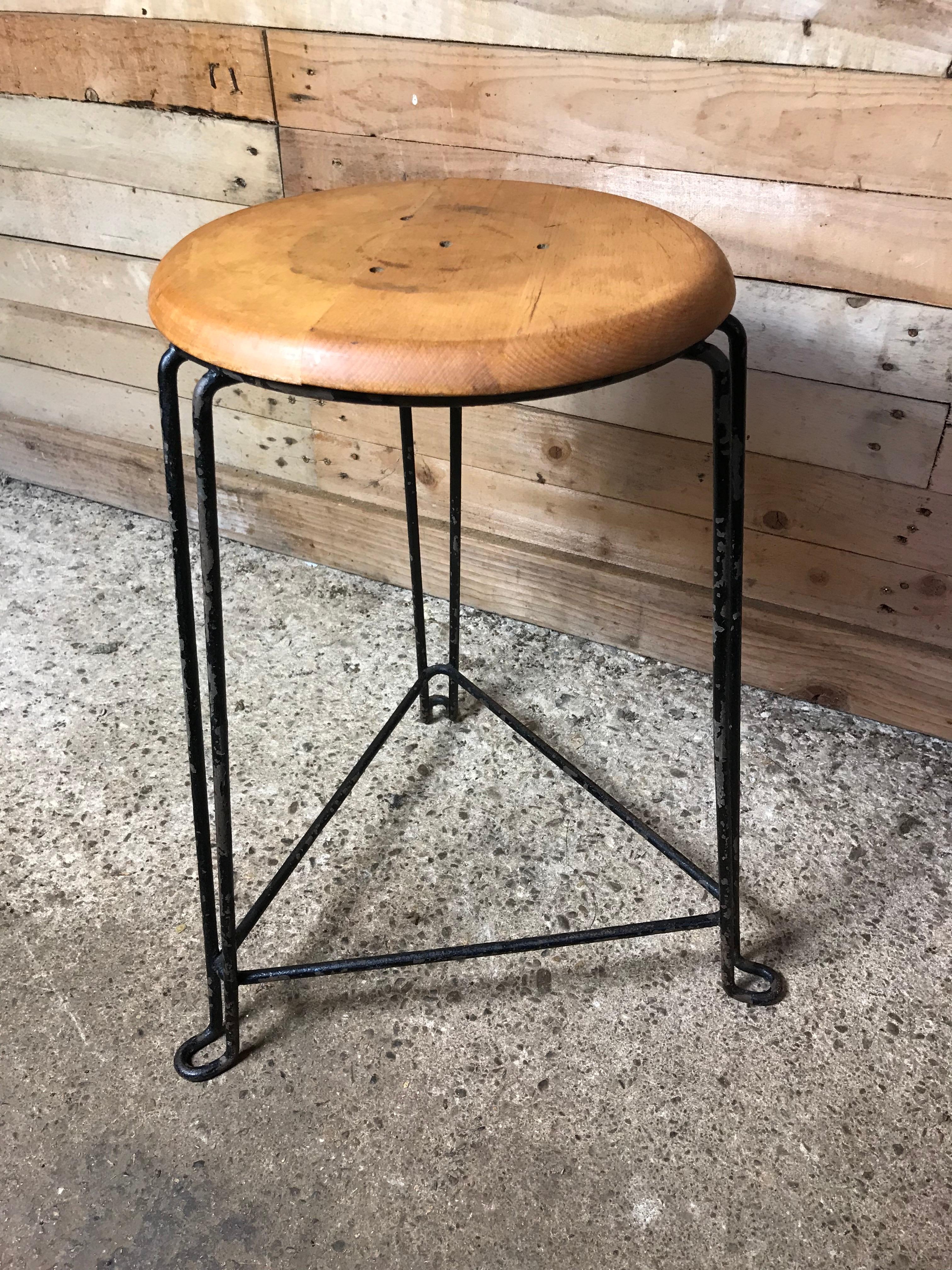Mid-Century Modern Retro 1960s Wooden Seat with Metal Frame Tomado Stool 'Clear Wooden Seat' For Sale