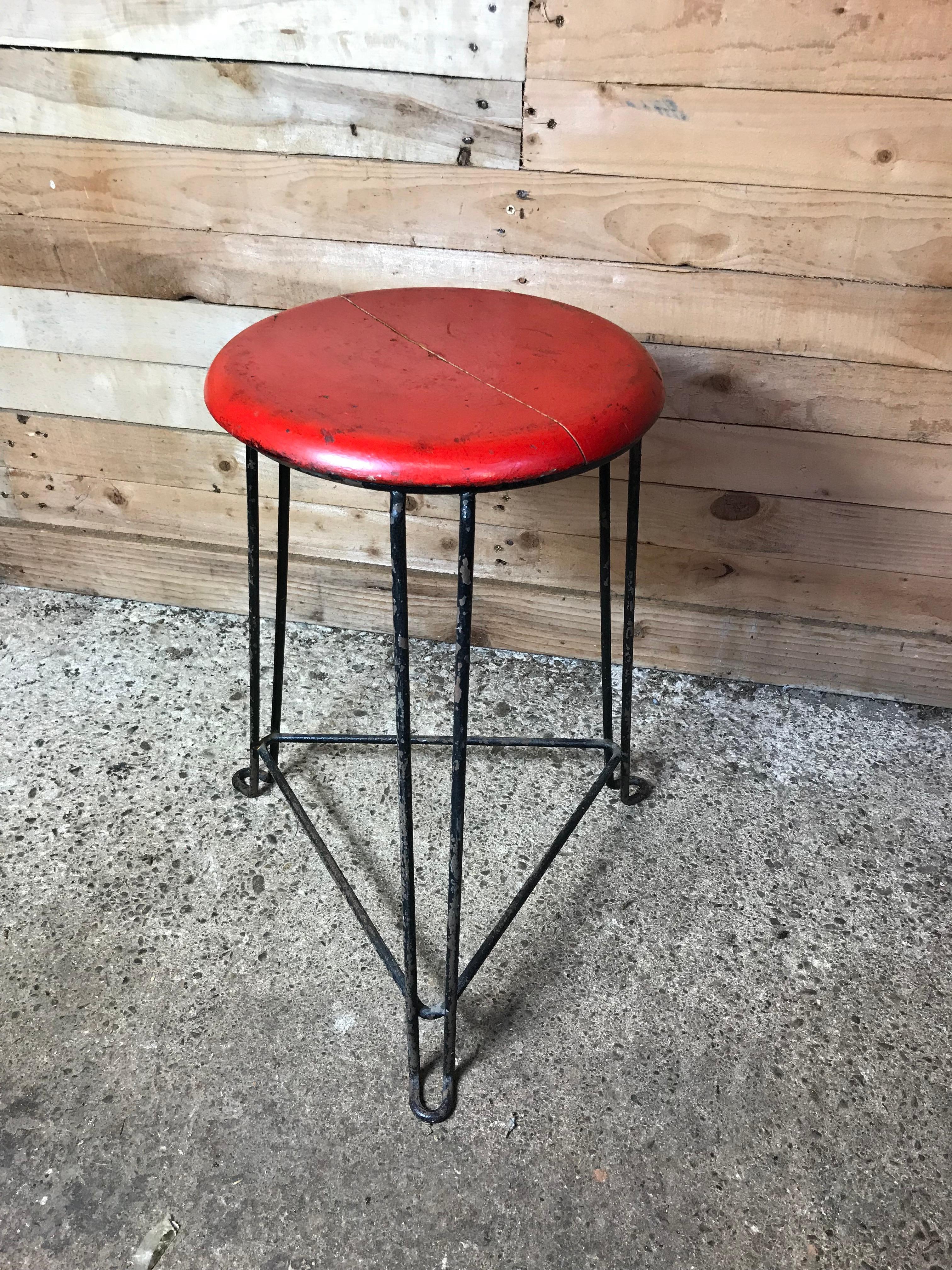 Mid-Century Modern Retro 1960s Wooden Seat with Metal Frame Tomado Stool 'Red Seat' For Sale