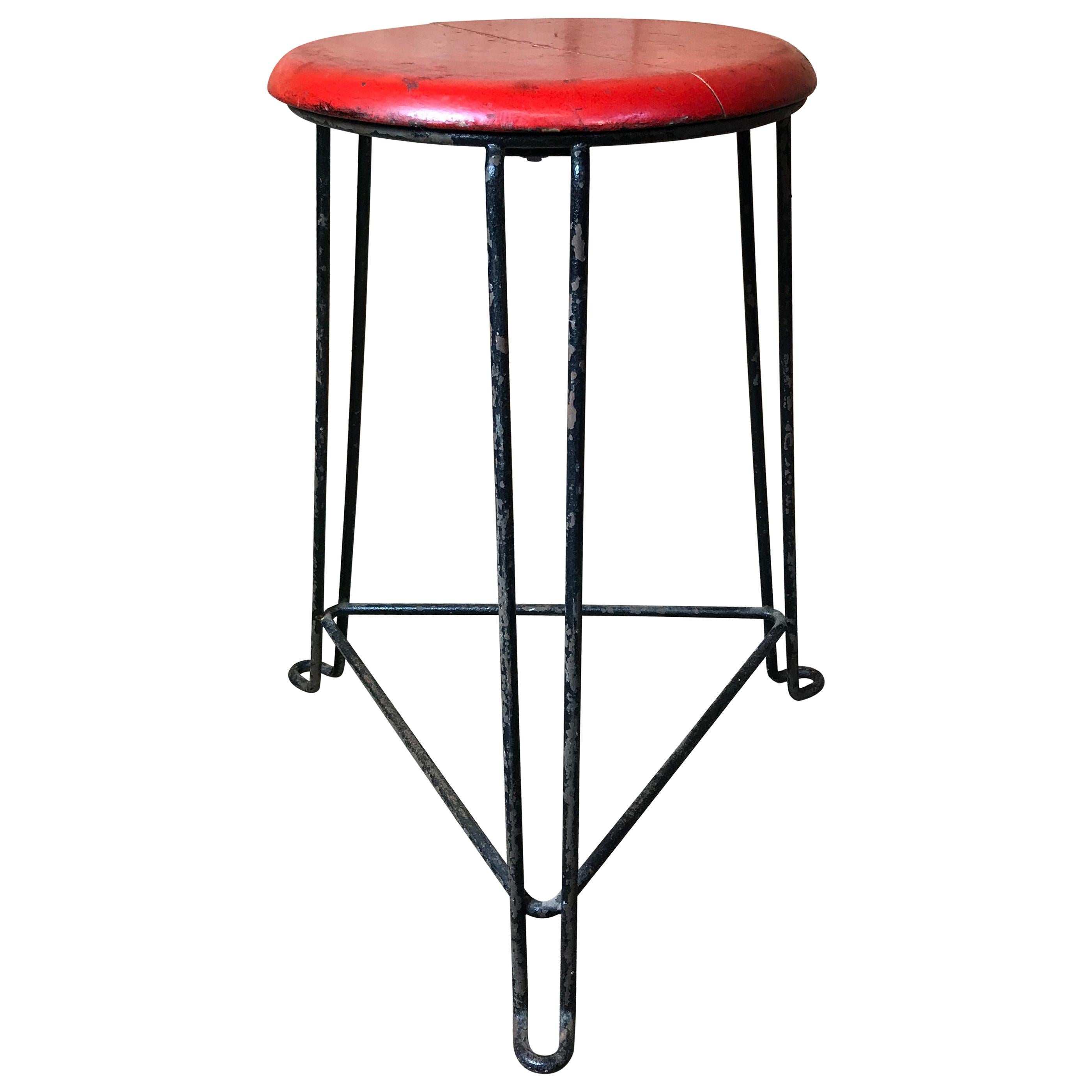 Retro 1960s Wooden Seat with Metal Frame Tomado Stool 'Red Seat' For Sale