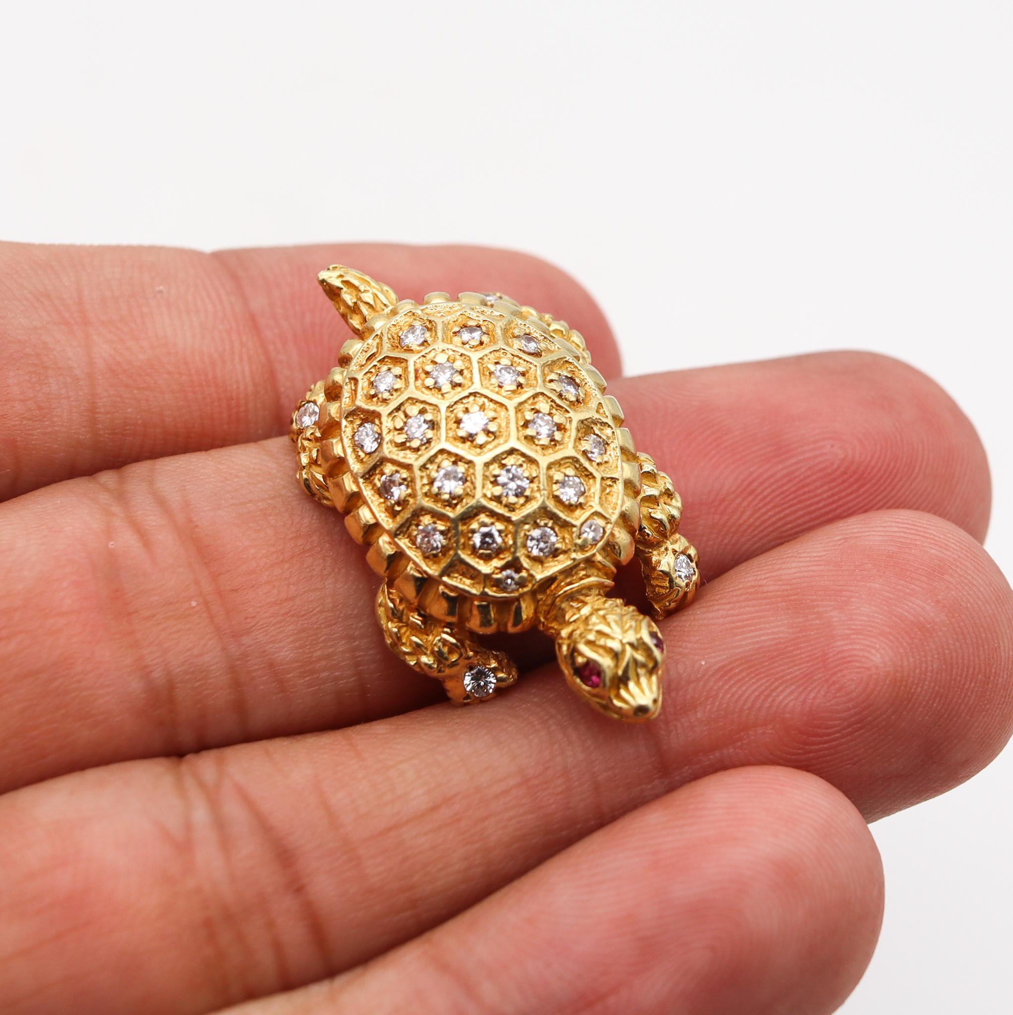 Retro 1970 Turtle Convertible Turtle Ring Brooch 18Kt Gold with Diamonds & Ruby For Sale 5