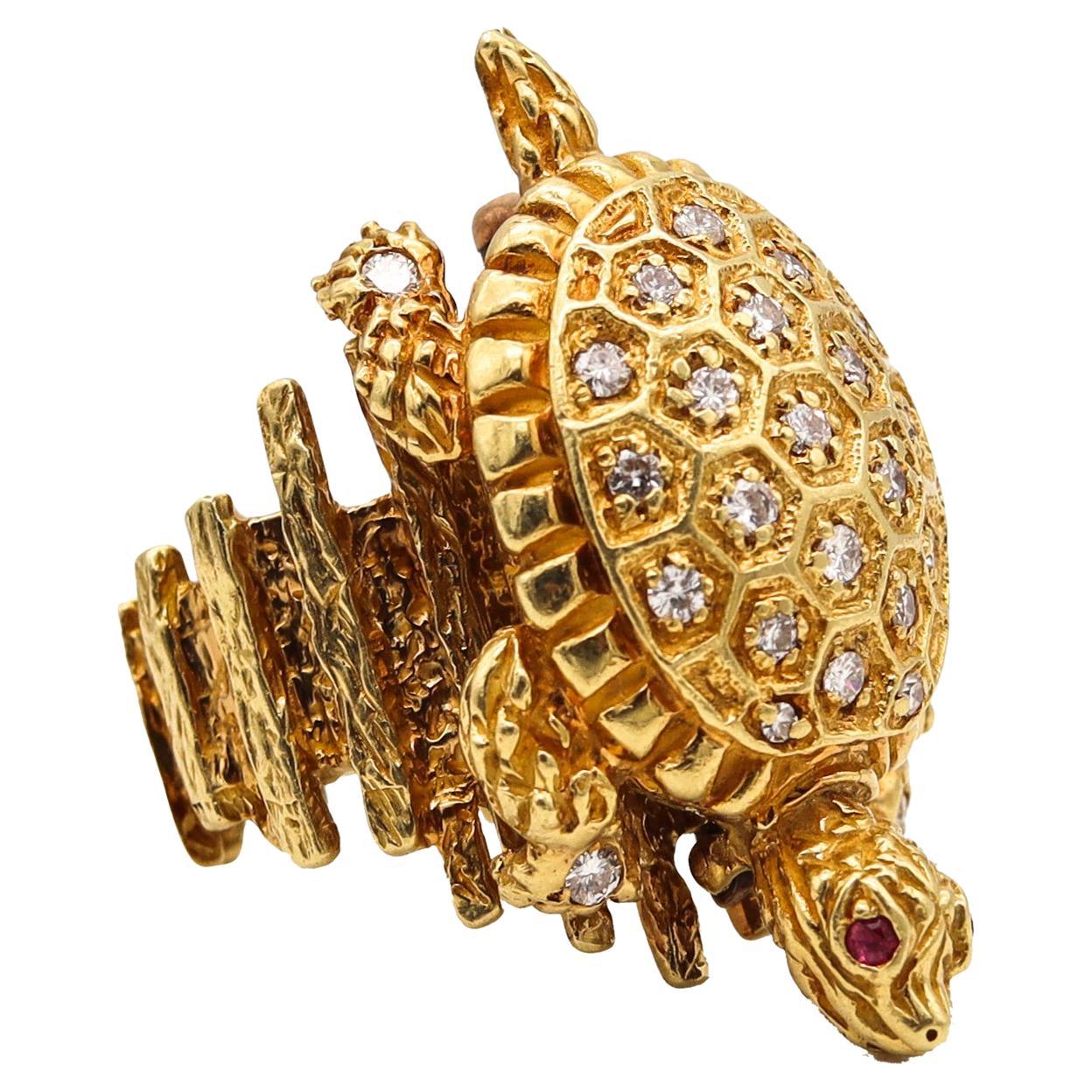 Retro 1970 Turtle Convertible Turtle Ring Brooch 18Kt Gold with Diamonds & Ruby For Sale