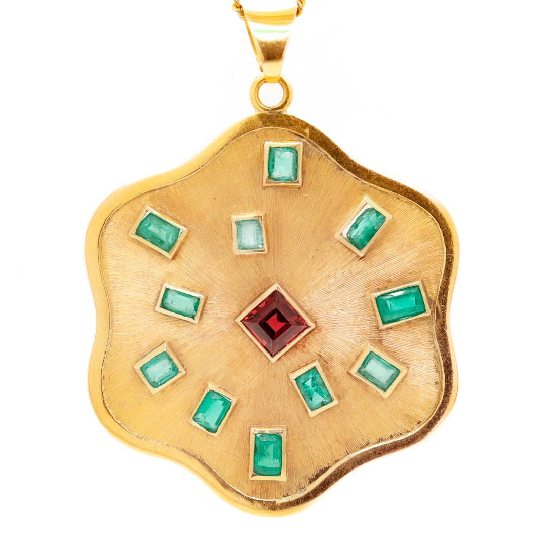Baguette Cut Retro 1970s Modern 18k Gold, Emeralds, and Garnet Pendant for a Necklace For Sale