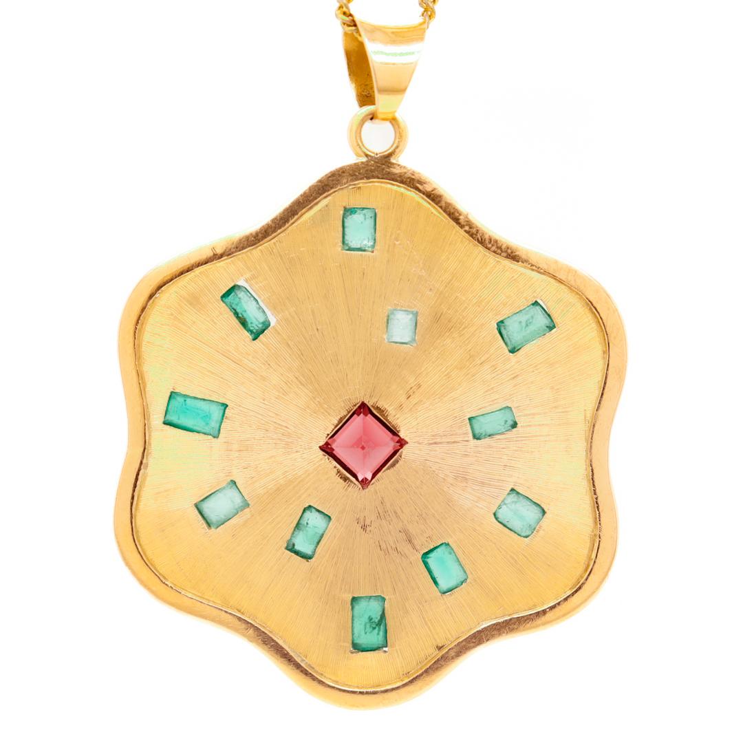 Retro 1970s Modern 18k Gold, Emeralds, and Garnet Pendant for a Necklace In Good Condition For Sale In Philadelphia, PA
