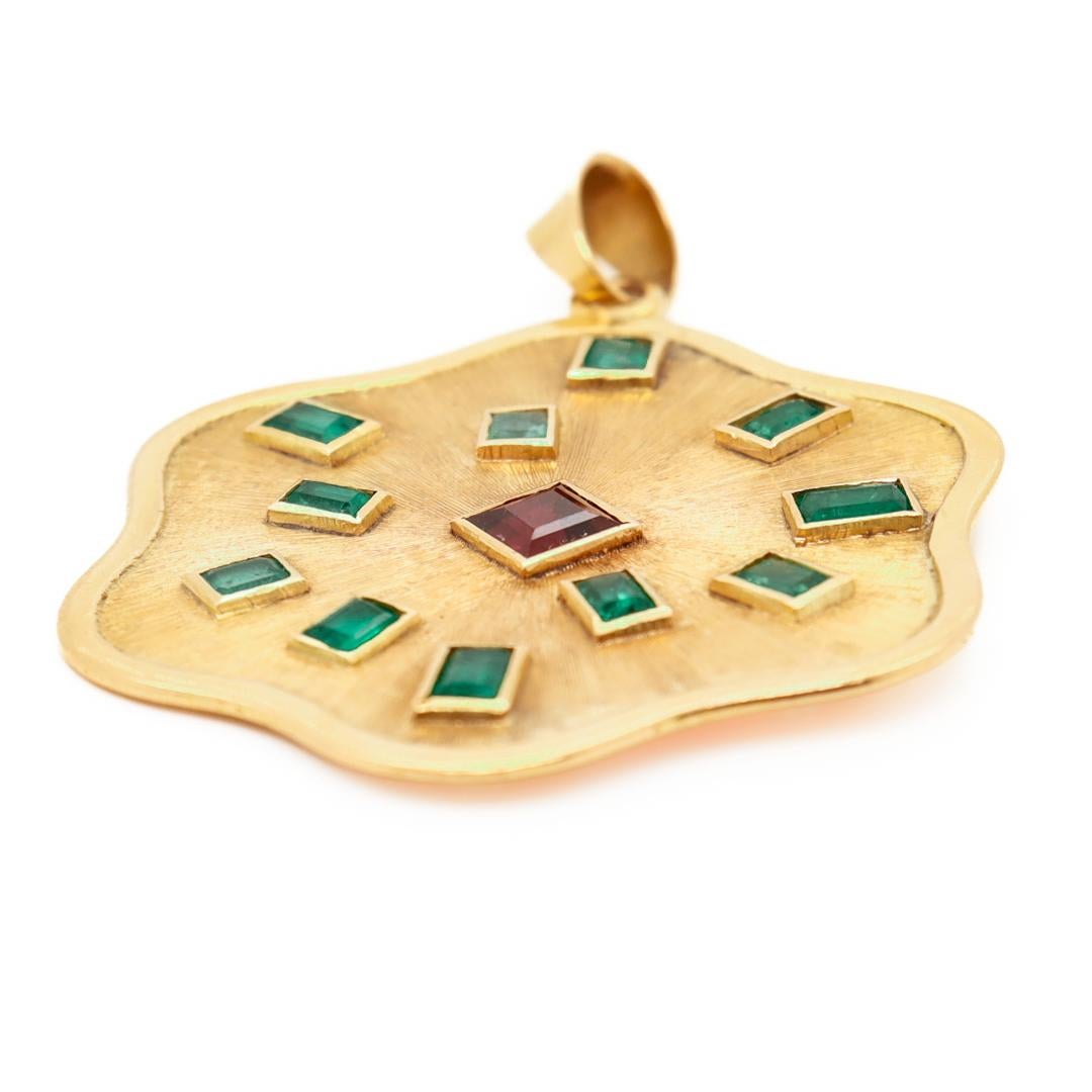 Retro 1970s Modern 18k Gold, Emeralds, and Garnet Pendant for a Necklace For Sale 3