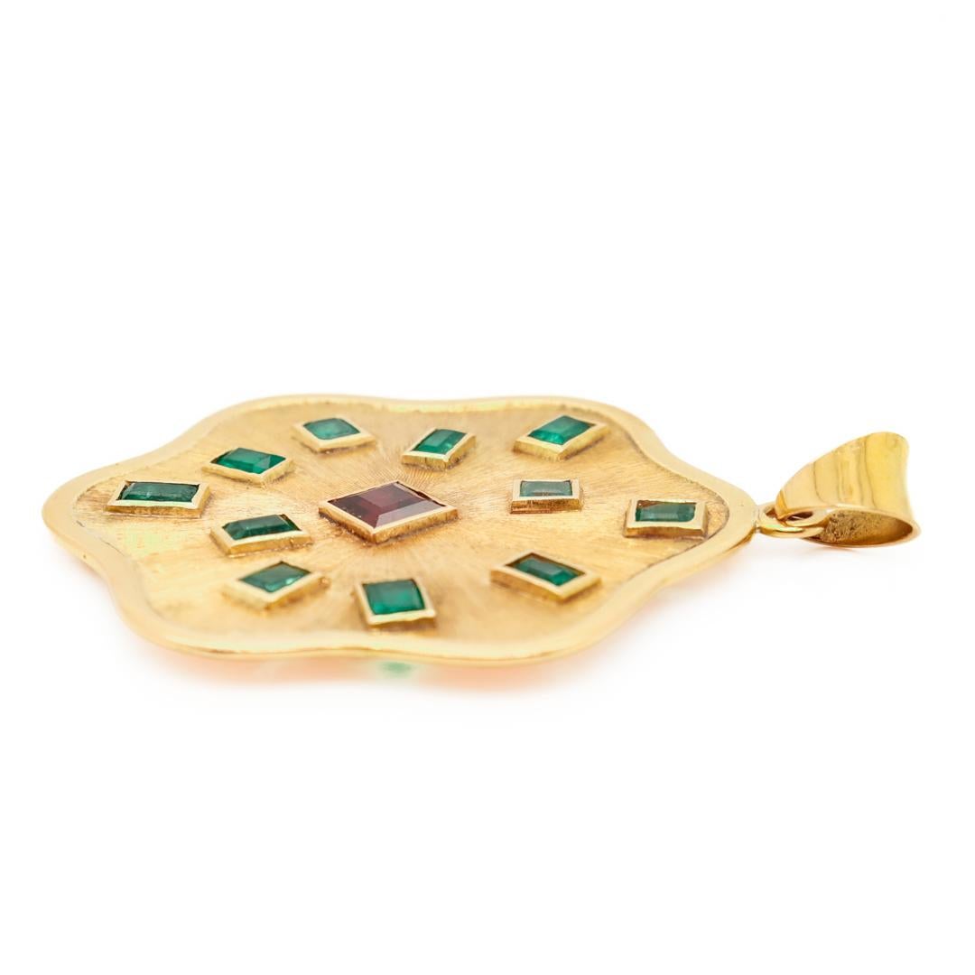 Retro 1970s Modern 18k Gold, Emeralds, and Garnet Pendant for a Necklace For Sale 4