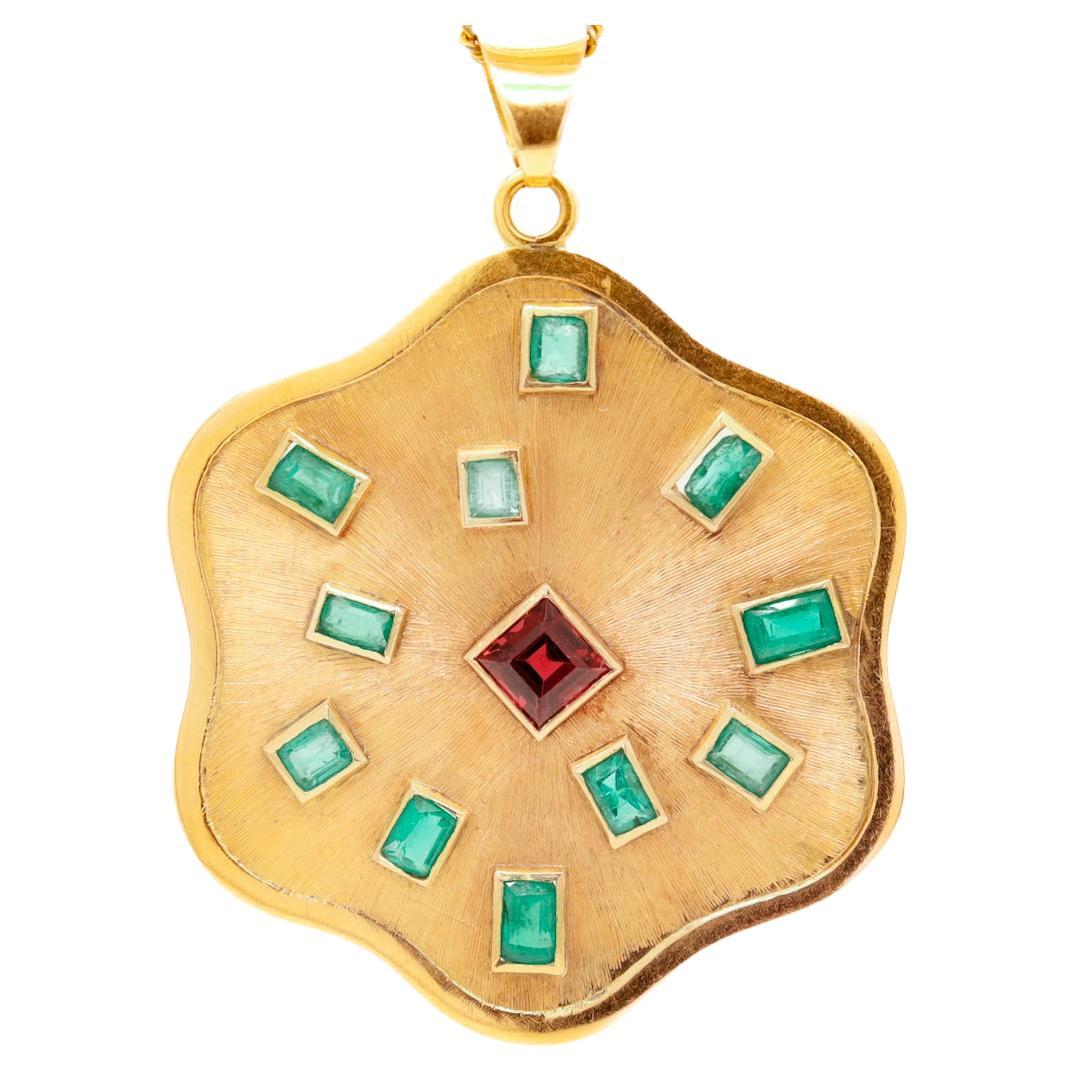 Retro 1970s Modern 18k Gold, Emeralds, and Garnet Pendant for a Necklace