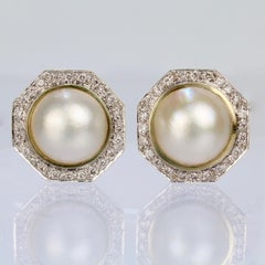 Retro 1980s Style 14 Karat Gold, Diamond, and Mabe Pearl Omega Clip Earrings