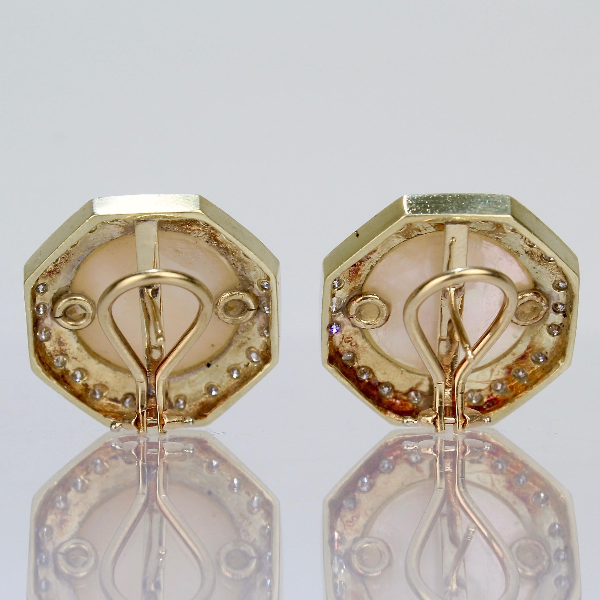 Retro 1980s Style 14 Karat Gold, Diamond, and Mabe Pearl Omega Clip Earrings In Good Condition In Philadelphia, PA