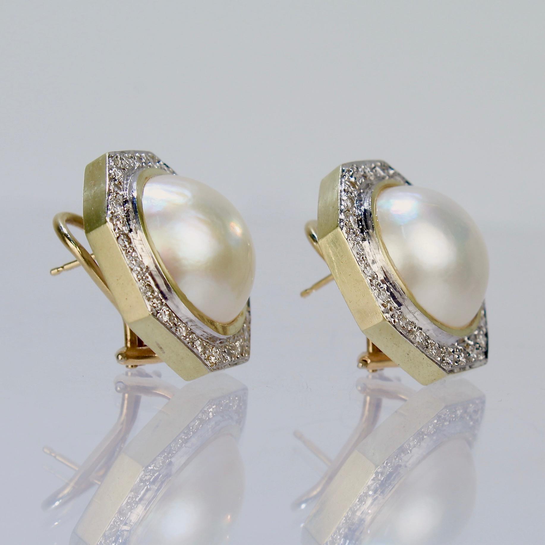 Women's Retro 1980s Style 14 Karat Gold, Diamond, and Mabe Pearl Omega Clip Earrings