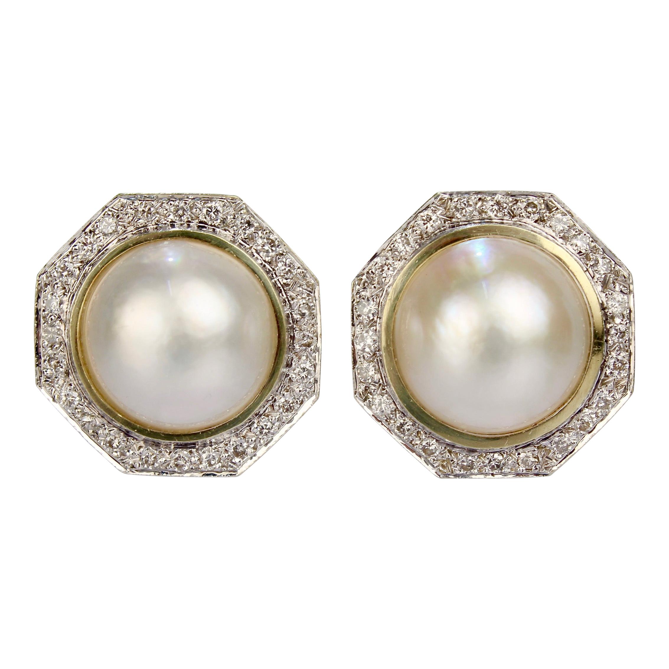 Retro 1980s Style 14 Karat Gold, Diamond, and Mabe Pearl Omega Clip Earrings