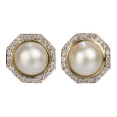 Retro 1980s Style 14 Karat Gold, Diamond, and Mabe Pearl Omega Clip Earrings