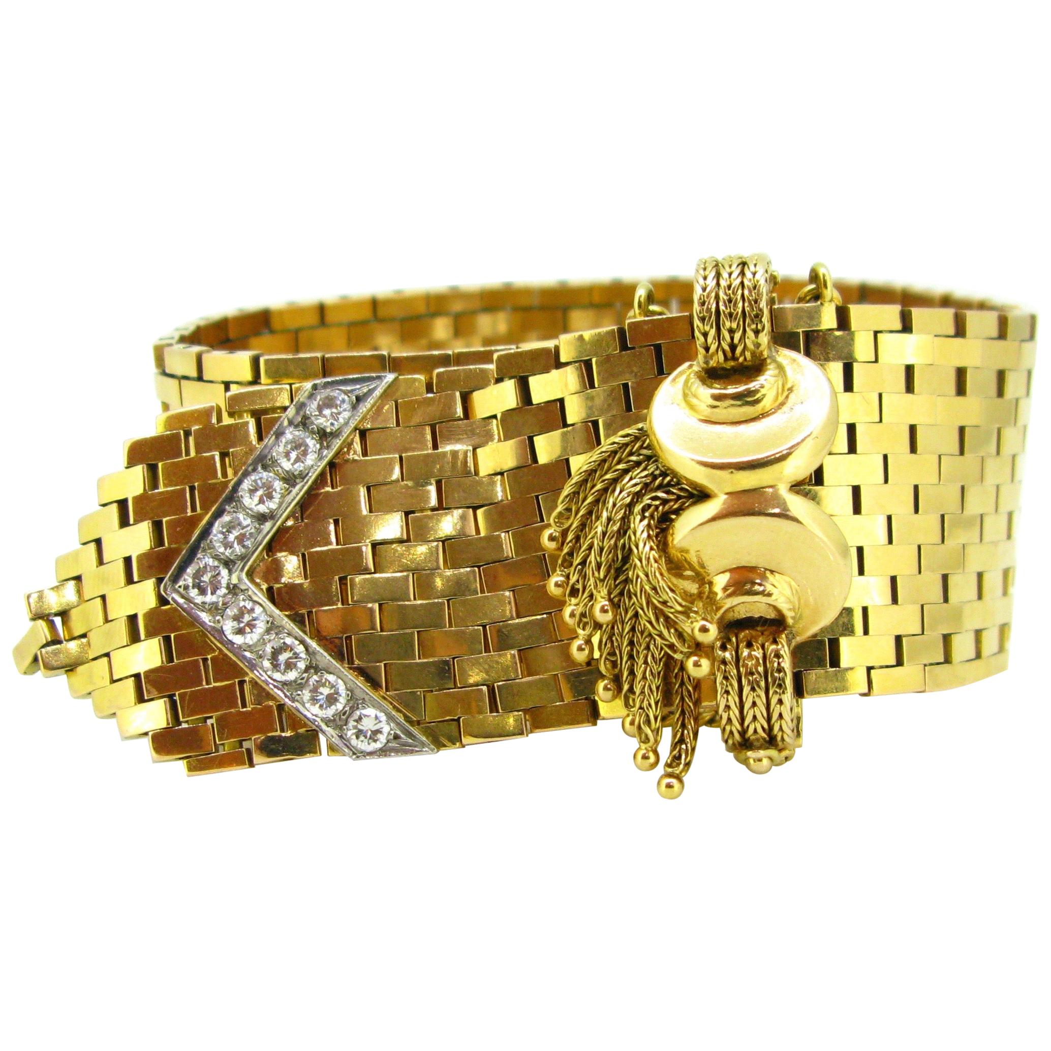 Retro 1ct Diamonds Tassels Yellow Gold Platinum French Belt Flexible Bracelet